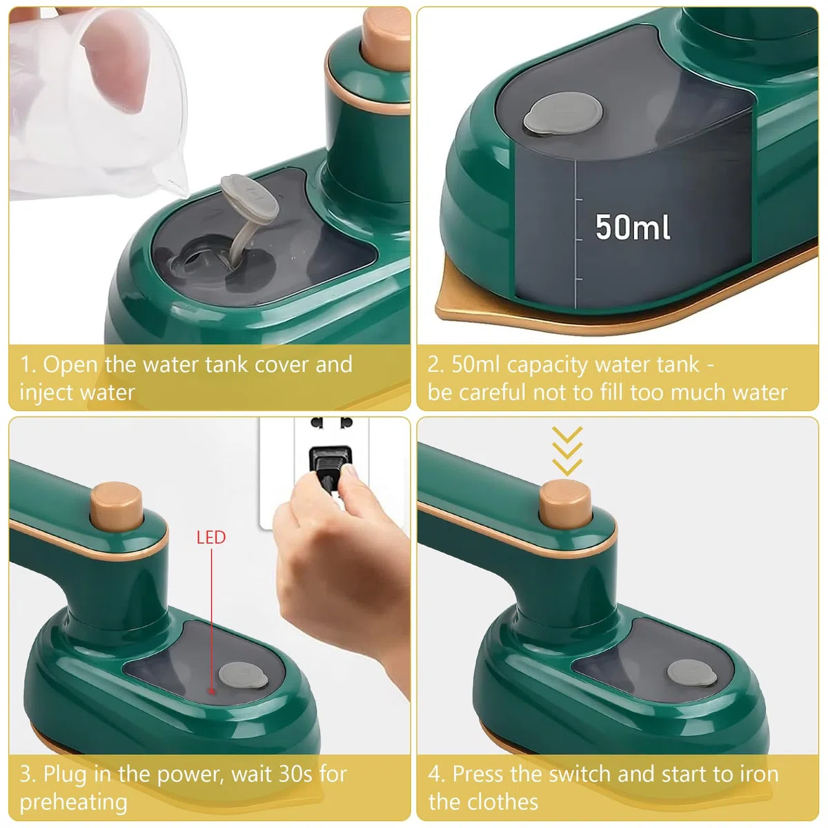 MeYuxg Mini ferro da stiro portatile pieghevole da viaggio Ferro da stiro a vapore Mini ferro da stiro a vapore Ferro da stiro con serbatoio dell'acqua da 50 ml Piastra di base in titanio 30 secondi
