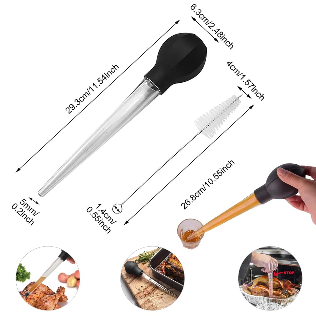 2 pezzi Baster di tacchino, Baster per tacchino, grande, per cucinare, contagocce di olio di tacchino con spazzola, iniettore di tacchino lungo per ungere e marinare tacchino manzo maiale pesce (nero)