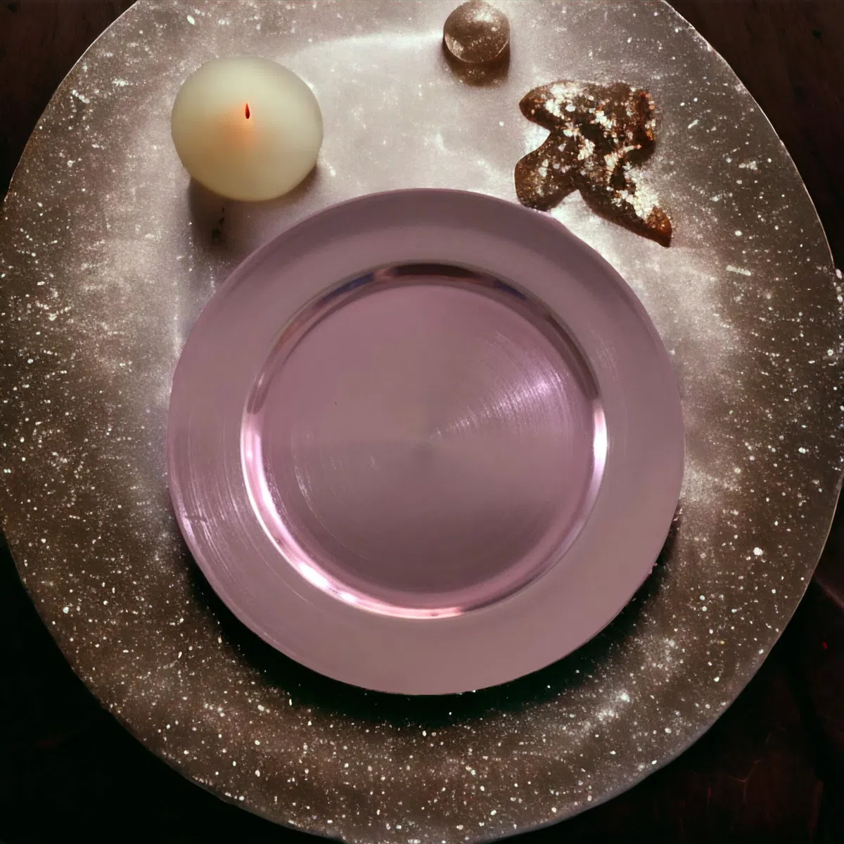 Generico Sottopiatti Rosa Antico SPAZZOLATO Bordo LISCIO, uso Decorativo in plastica Rigida Bordo liscio, Tondo 33 cm, Natale cenone sotto Piatto Natalizio Cenone Capodanno Aperitivo (6 e 12 pz) (6)