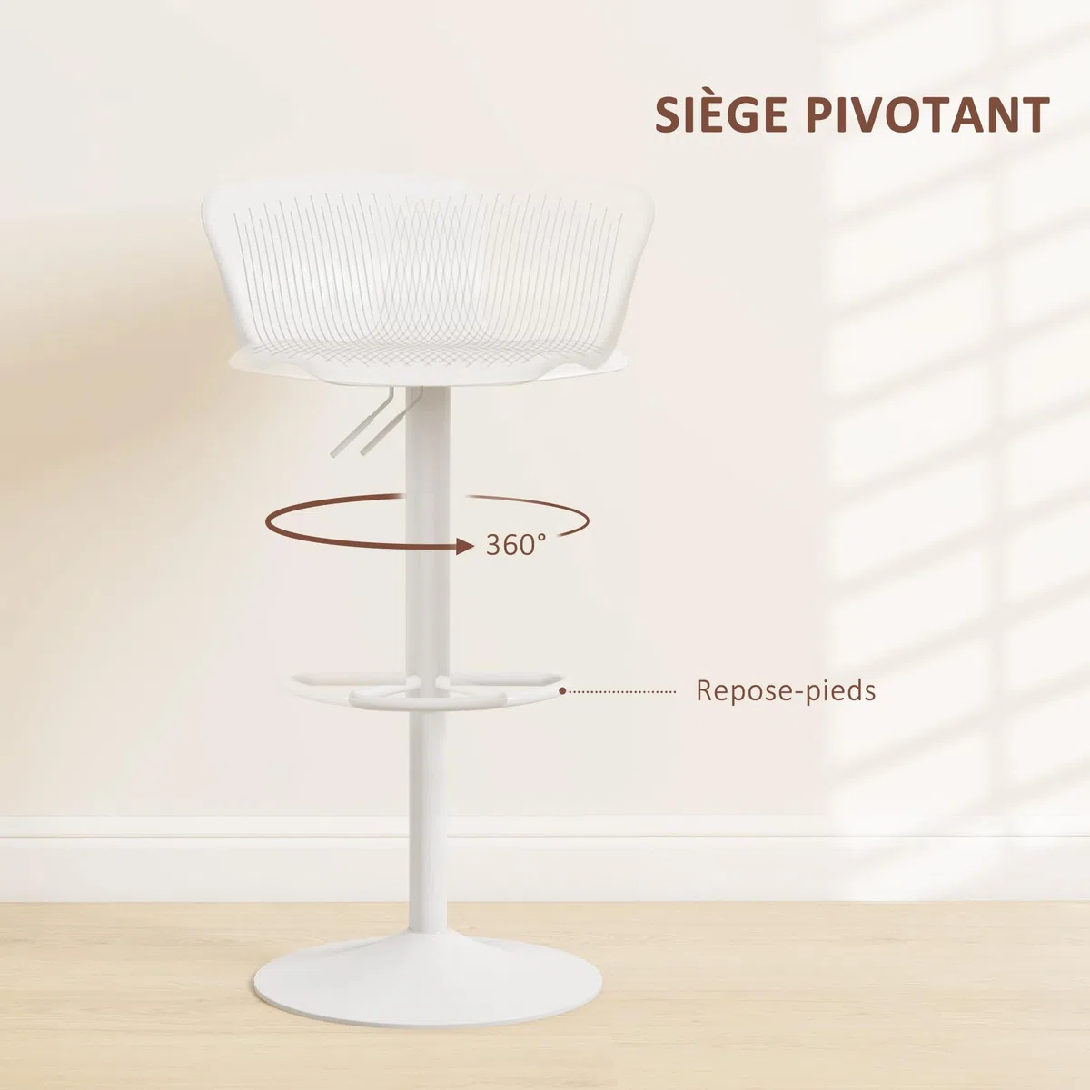 HOMCOM Set 2 Sgabelli da Bar con Schienali Ergonomici, Poggiapiedi, Sgabelli Cucina Alti Regolabili in Polipropilene con Seduta Girevole e Base Antiscivolo per Sala da Pranzo, Penisola Cucina, Bianco