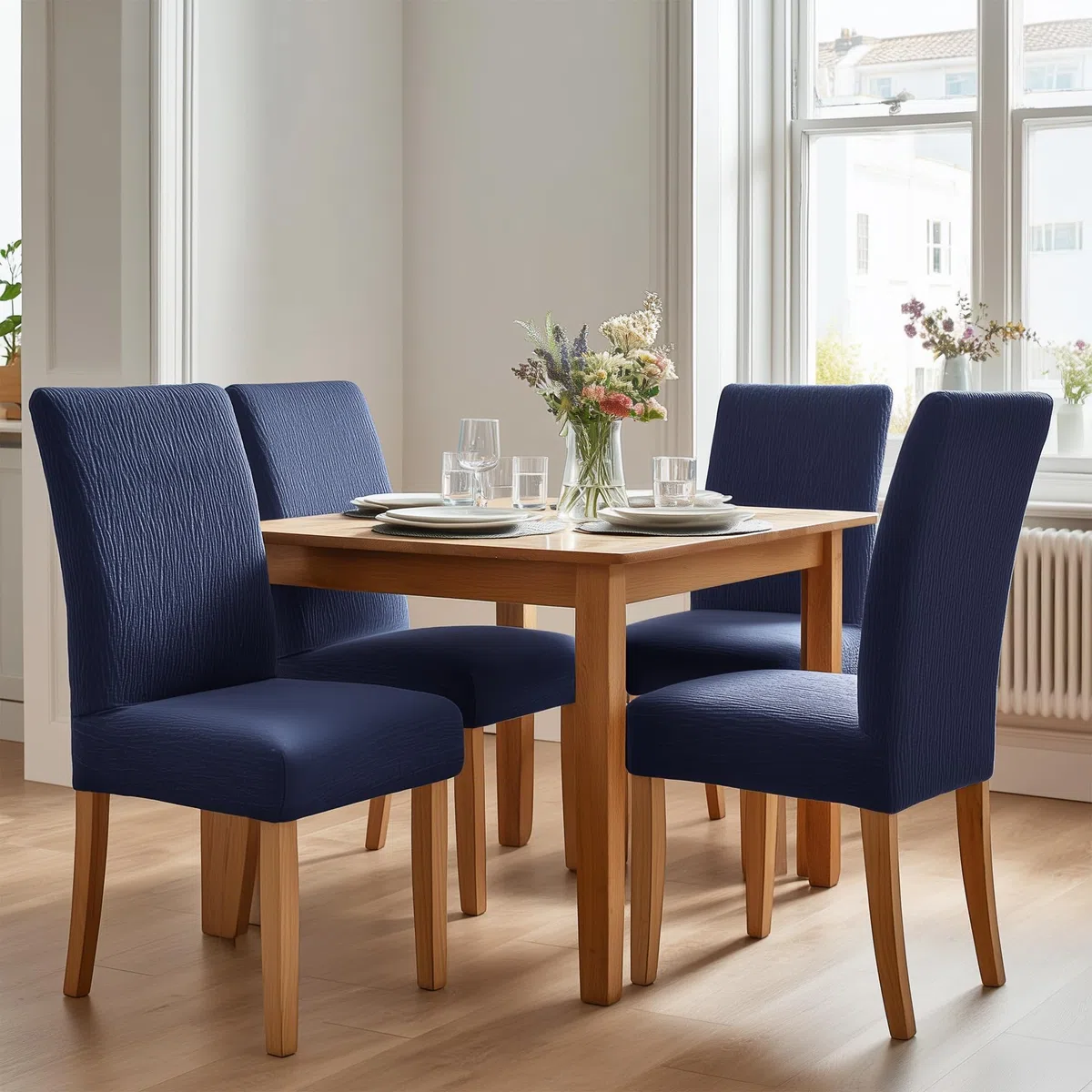 Deconovo Coprisedie con Schienale 6 Pezzi, Coprisedie Elasticizzati Universali Lavabili per Cucina e Sala da Pranzo, Motivo Corteccia Naturale, Blu Navy