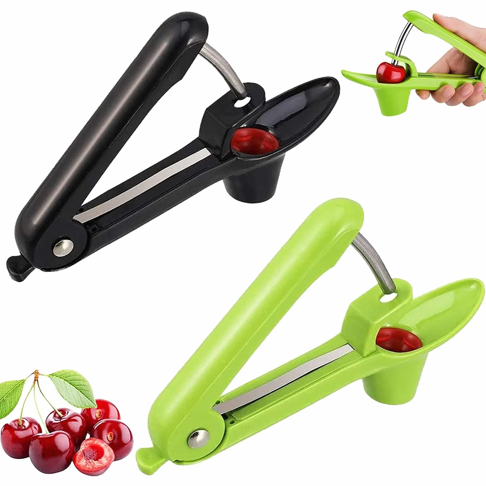 2 Pezzi Snocciolatore Ciliegie e Olive Snocciolatore Ciliegie Noccioli con Asta di Acciaio Inox e Coppetta in Silicone per Preparare Marmellata di Ciliegie (Verde,Nero)