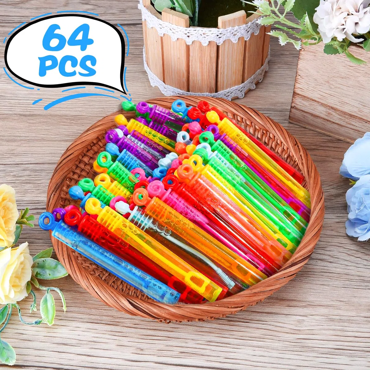 64 Pezzi Bolle di Sapone Bambini, Pensierini per Bambini Dopo Festa, Bolle Sapone con 8 Colori per Feste di Compleanno per Bambini, Matrimoni, Giochi All'aperto
