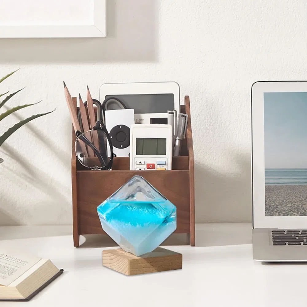Stazione Meteorologica In Vetro Antitempesta Con Base In Legno Per Previsioni Del Tempo, Cubo D'Acqua Blu Cristallo Tempesta Creativo