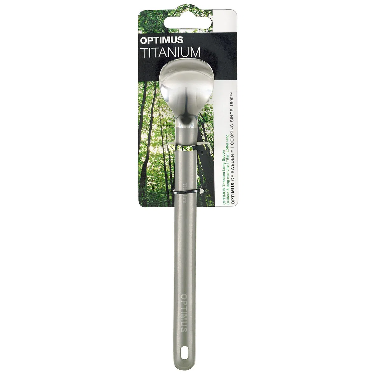 Cucchiaio lungo Optimus Titanium – Cucchiaio in titanio con manico extra lungo (21,5 cm), per cibo da trekking in sacchetti stand-up, posate da campeggio, manico opaco e testa lucida
