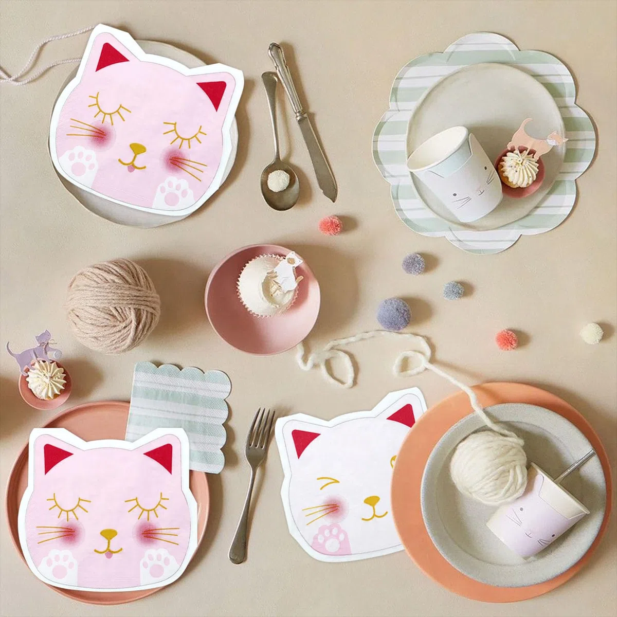 100 tovaglioli a forma di gatto, 25 x 29 cm, tovaglioli di carta con stampa a zampa bianca e rosa, decorazioni di compleanno per bambini, animali domestici, feste di compleanno