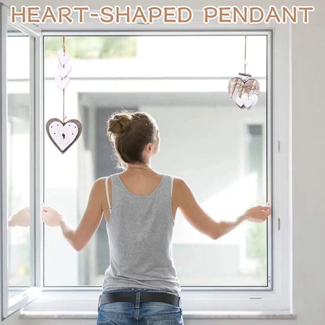 2 pezzi decorazione a forma di cuore mobile, decorazione per finestre, in legno naturale, bianco, cuore in legno, decorazione da appendere