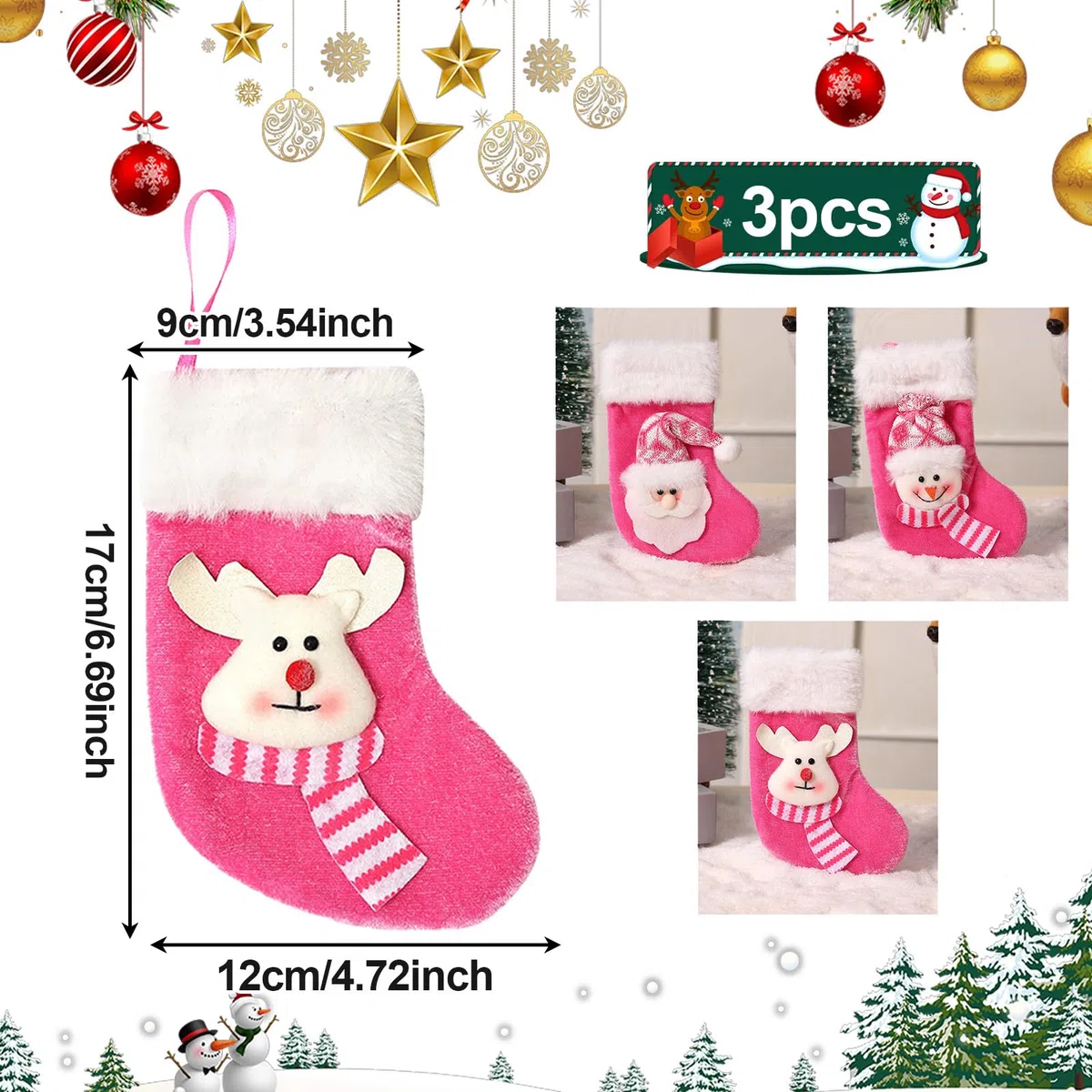 3 PCS Mini Calze Natalizie da Appendere, 17x9cm Piccoli Calze di Natale, Rosa Personalizzate Calza Befana Vuota, Candy Sacchetti Regalo per Albero di Natale Decorazione