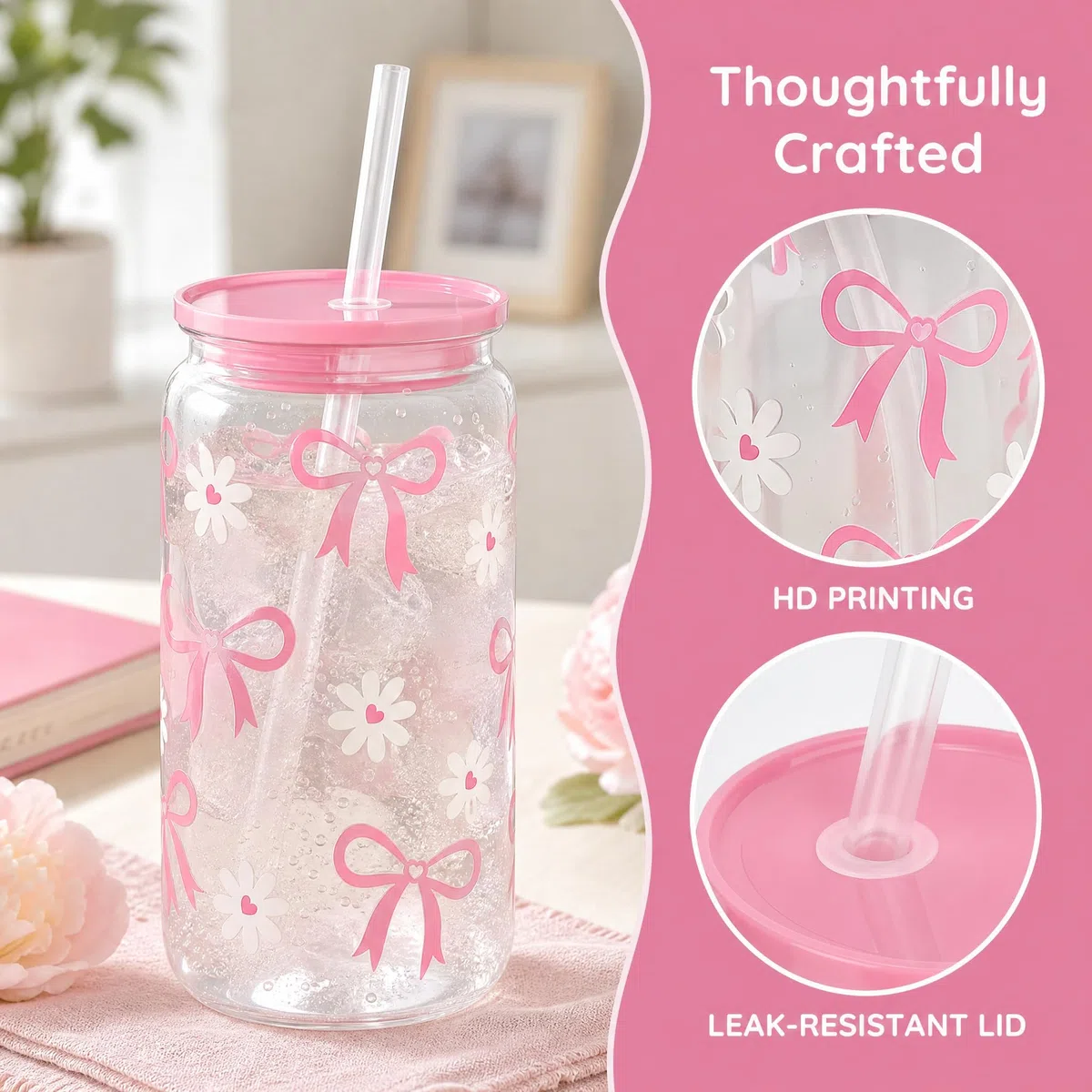 Bicchieri da 500 ml con fiocco rosa, cannucce in plastica con coperchio, tazza per frullati, per feste, baby shower, latte, acqua ghiacciata, succhi di frutta, caffè, bibite, cocktail, bevande fredde