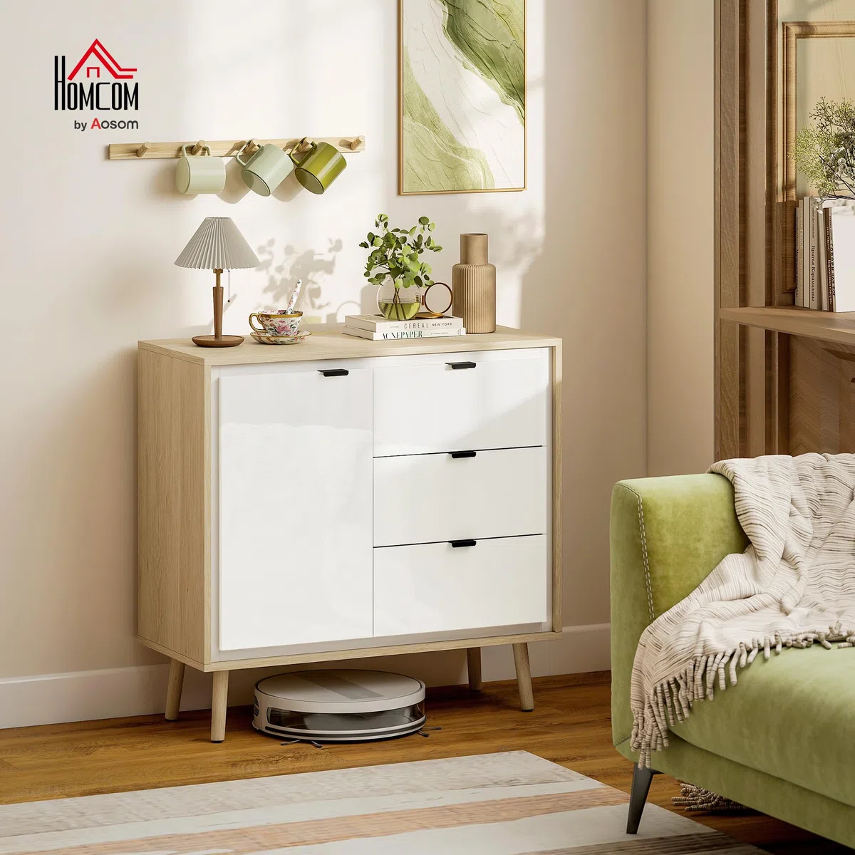 HOMCOM Credenza Cucina con 3 Cassetti e Armadietto, Mobile Cucina Moderno con Ripiano Regolabile, Credenza Buffet per Soggiorno, Sala da Pranzo e Salotto, 80x35x77 cm, Bianco Lucido e Rovere