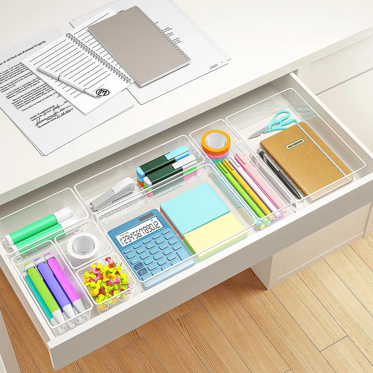 Organizer Cassetti 16 Pezzi, Contenitori per cassetti in Plastica Trasparente di 4 Dimensioni, Divisori per Cassetti Impilabili per Bagno, Cucina, Trucchi