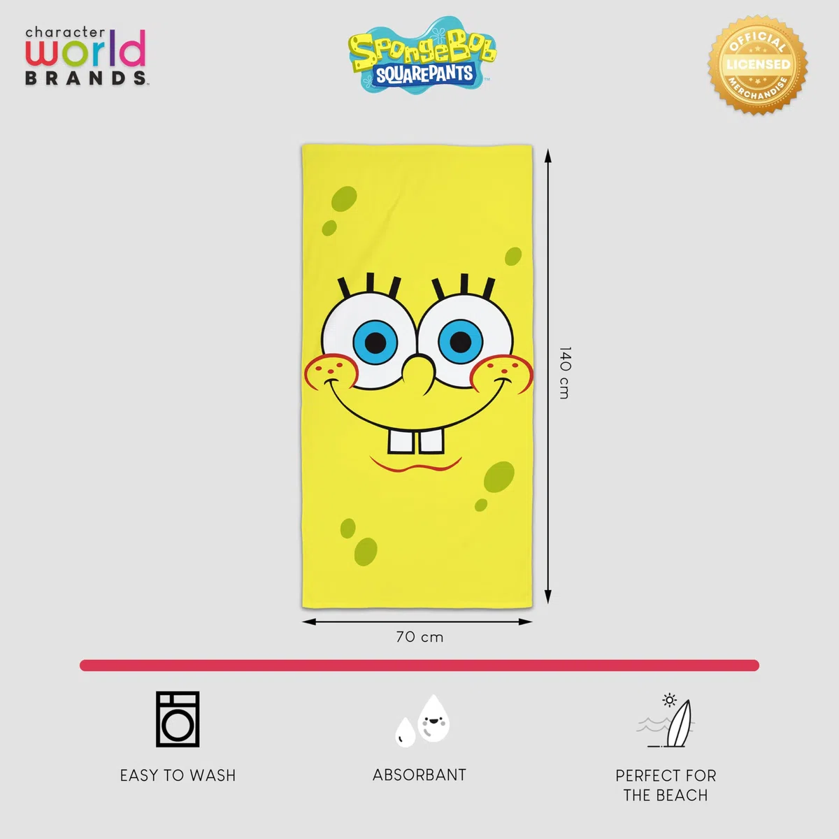 Spongebob Asciugamano Bambini Ufficiale | Morbidezza ultra morbida | Design quadrato con Spongebob, Patrick, Squidward, Mr Krabs | Perfetto per casa, bagno, spiaggia e piscina | 70 x 140 cm