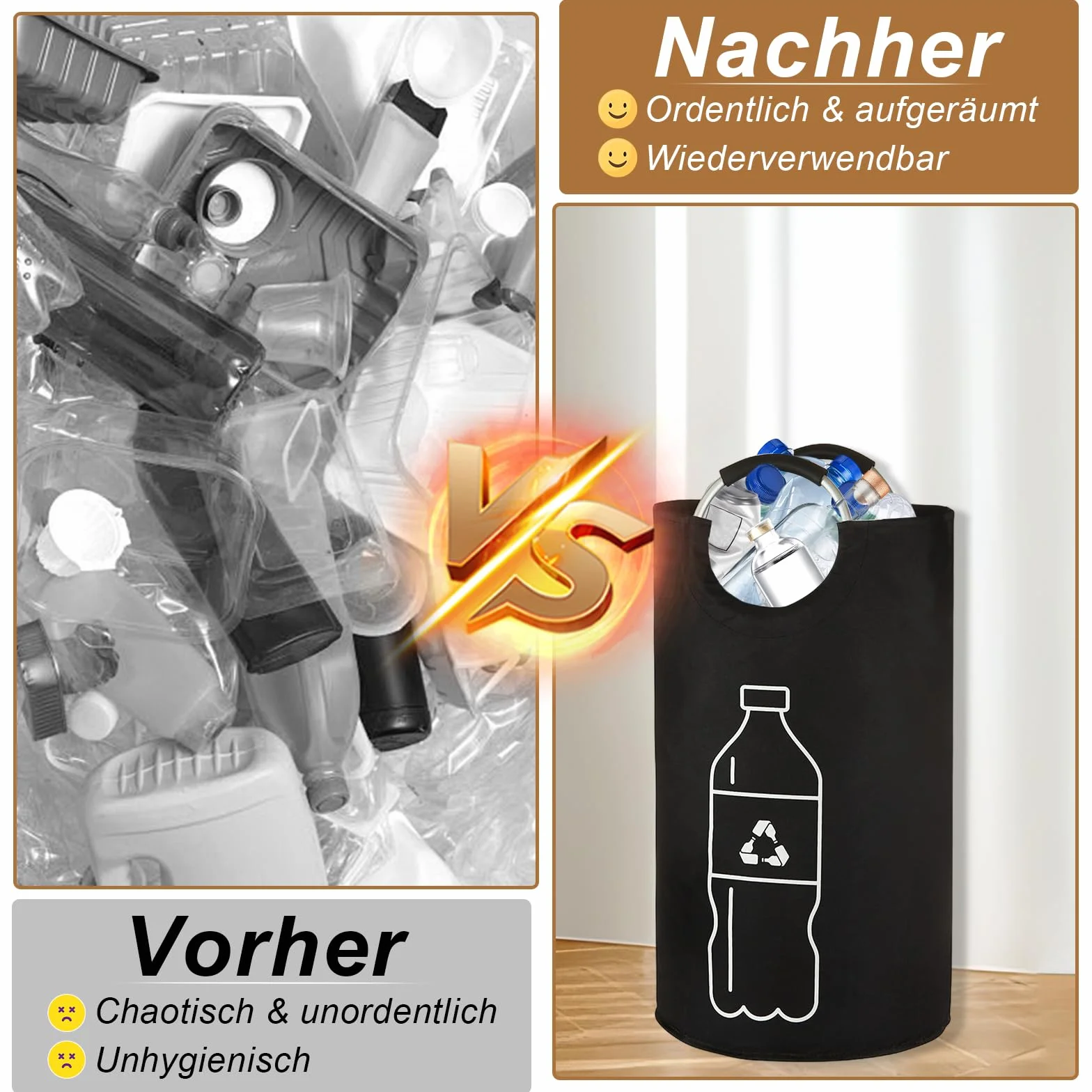 Raccoglitore di Bottiglie 115L, Pattumiera Differenziata per Carta Plastica Vetro, Contenitore Cucina con Manico in Alluminio—Nero