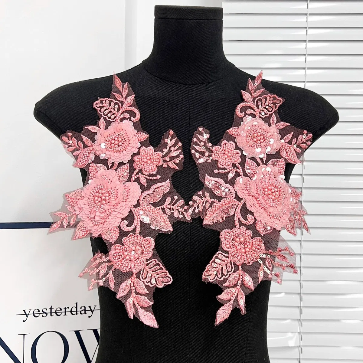 2 pz/paia di toppe ricamate con paillettes e fiori in pizzo per abiti da sposa con strass in pizzo toppe ricamate parches ropa per vestiti (rosa)