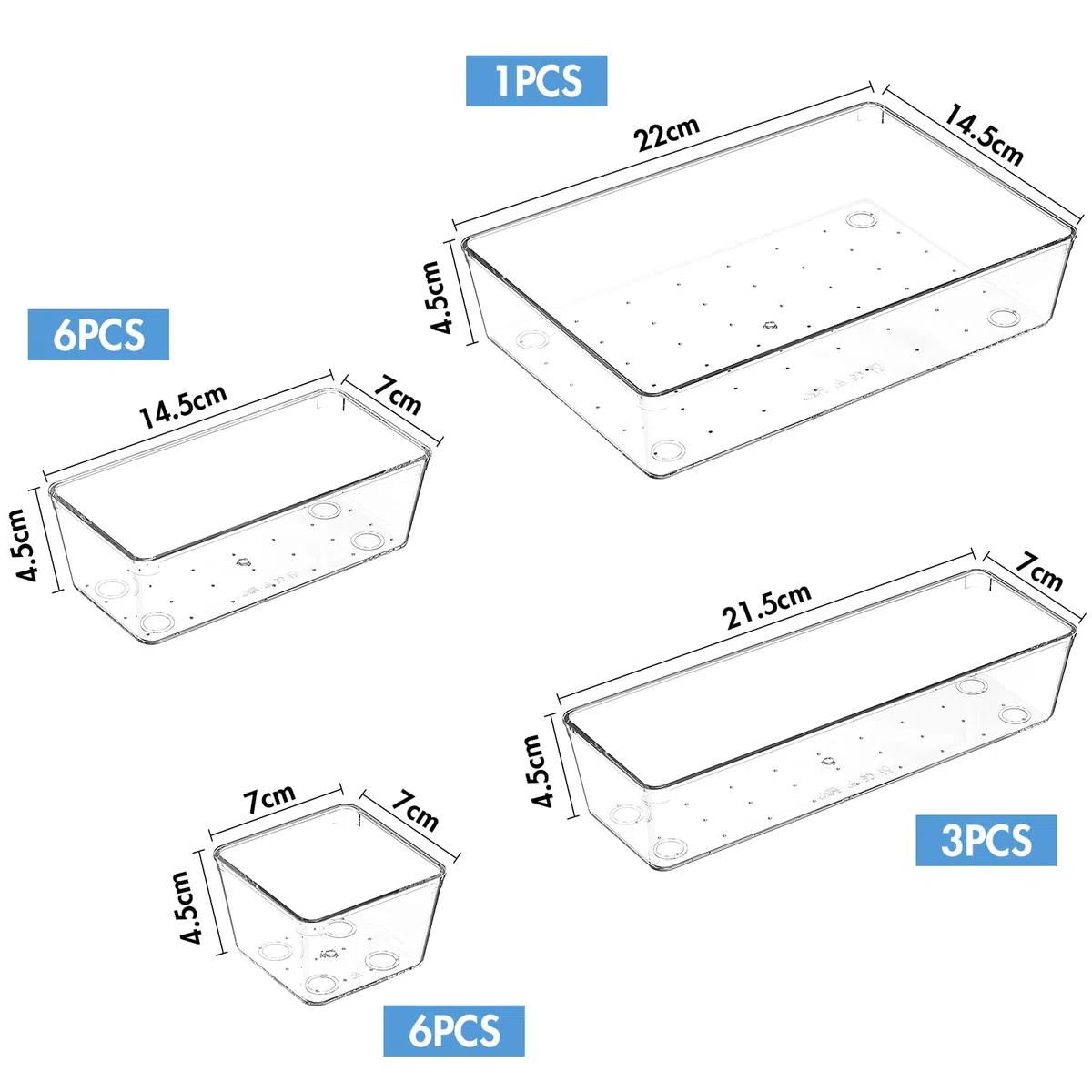 Organizer Cassetti 16 Pezzi, Contenitori per cassetti in Plastica Trasparente di 4 Dimensioni, Divisori per Cassetti Impilabili per Bagno, Cucina, Trucchi