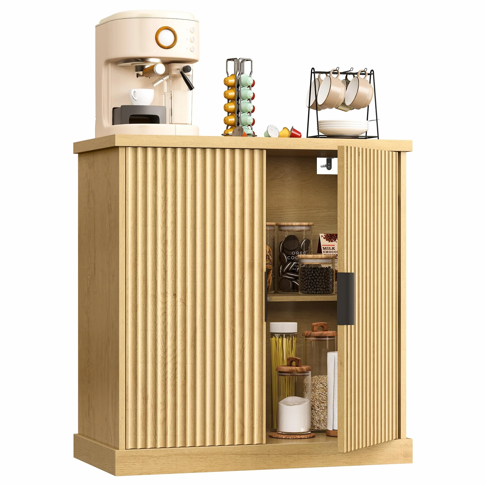 VASAGLE MAXE Collezione - Credenza, Mobile Console, Madia con Ripiani Regolabili, Ante Scanellate, Stile Transizionale, Dispensa Cucina Sala da Pranzo, Beige Rovere BBK344Y01