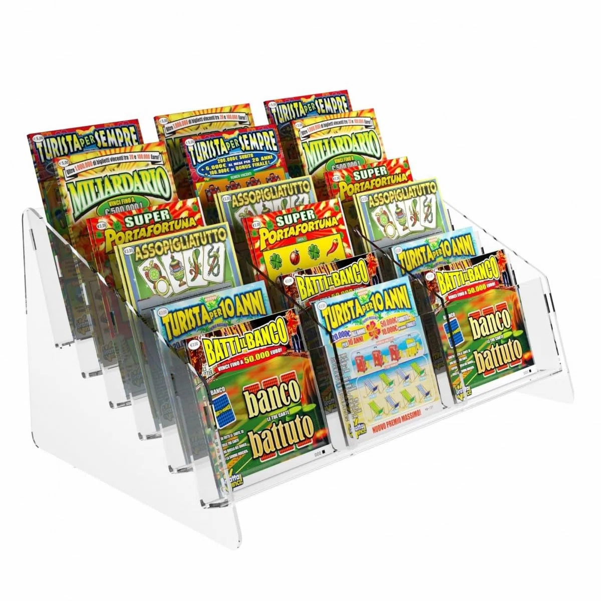 Espositore gratta e vinci da banco in plexiglass trasparente a 18 tasche - Misure: 37 x 26 x H18 cm