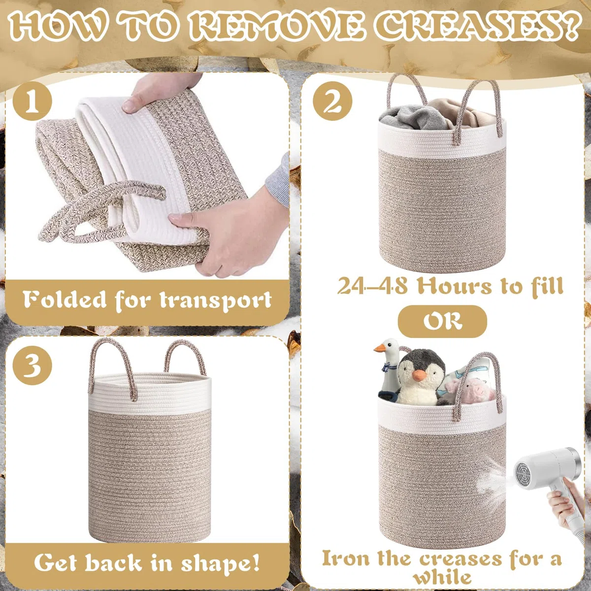 ZLPBAO XXL Cesto Portabiancheria Sporca Intrecciato in Cotone con Manico, Portabiancheria Grande, Cesto Portabiancheria Pieghevole Cesta Panni Sporchi per Lavanderia Bambini Bagno Giocattoli Coperte