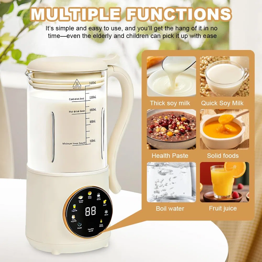 Macchina per latte di noci 1400 ml, macchina per latte d'avena con 16 lame e 9 funzioni, display LED, macchina per latte di soia, funzione di mantenimento in caldo per 4 ore e autopulizia