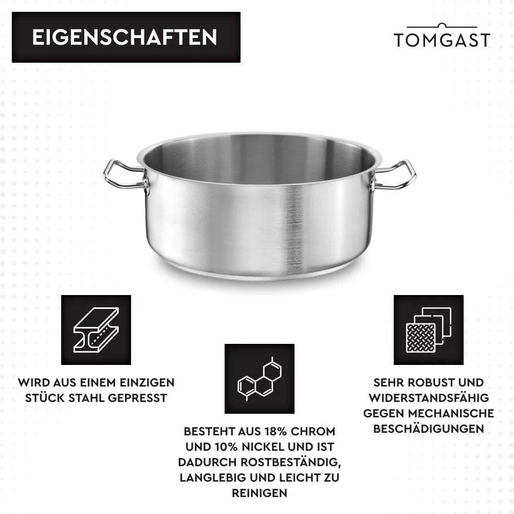Tegame TOMGAST Diametro: 28 cm Altezza: 12 cm Capacità: 7 l | Acciaio inossidabile 18/10 | Spessore delle pareti da 1 mm a 1,2 mm | Fondo in alluminio-acciaio battuto | Induzione