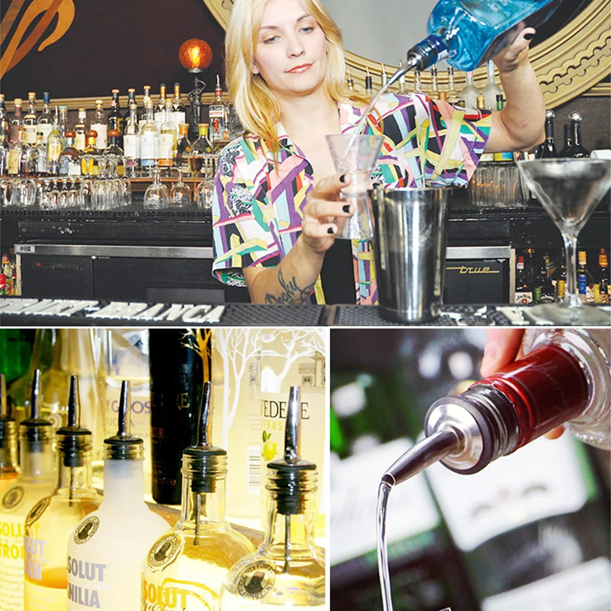 4 Pezzi Metal pour Barman,Beccuccio Bottiglie Cocktail,Versatori Cocktail,Versatori in Acciaio Inox,Beccuccio Conico Liquore Bottiglia,Metal pour Barman Professionali,con Cappucci di Gomma