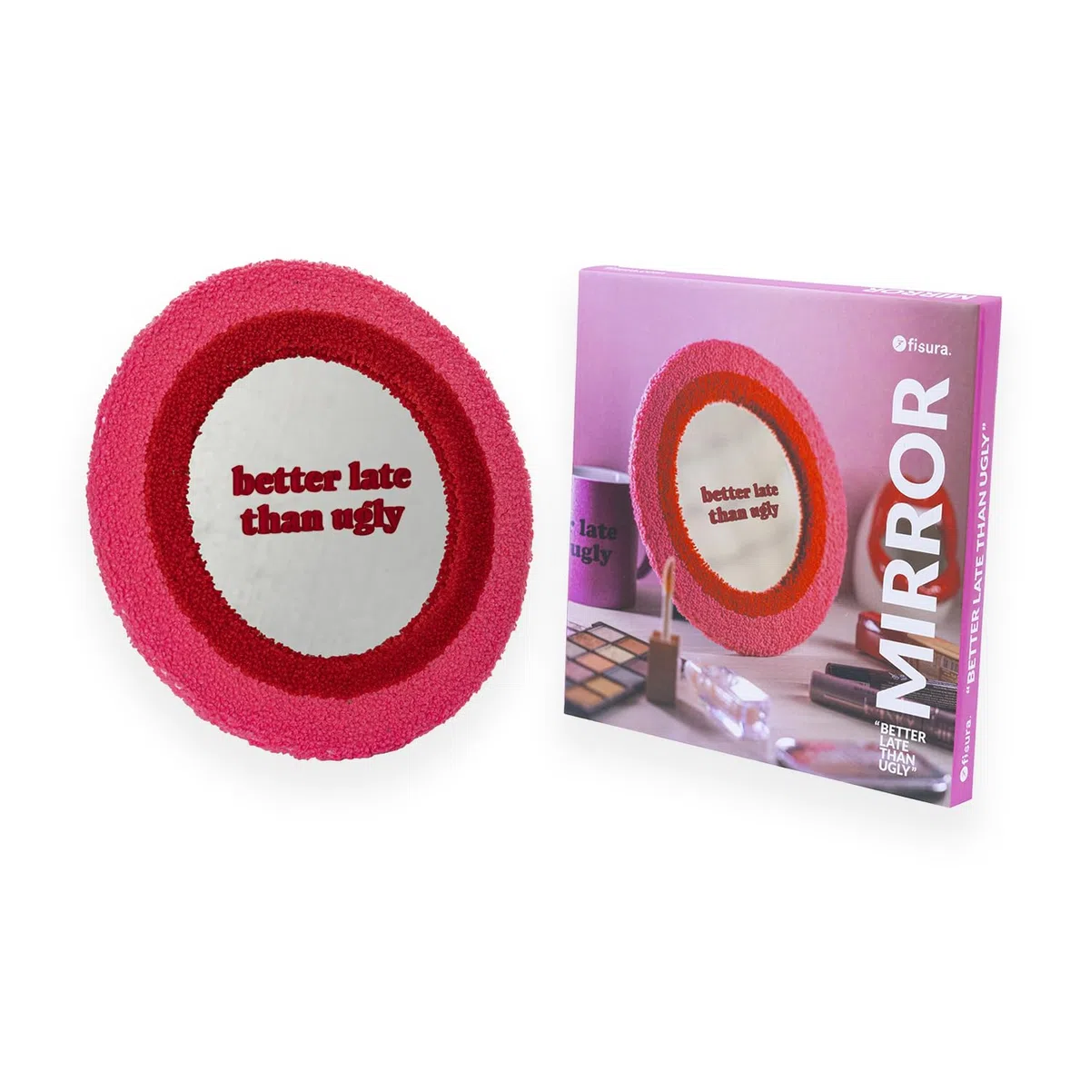 Fisura - Specchio da tavolo originale. Specchio per trucco da 25 centimetri. Specchio decorativo da parete Piccolo specchio da tavolo. (Better late, rosa)