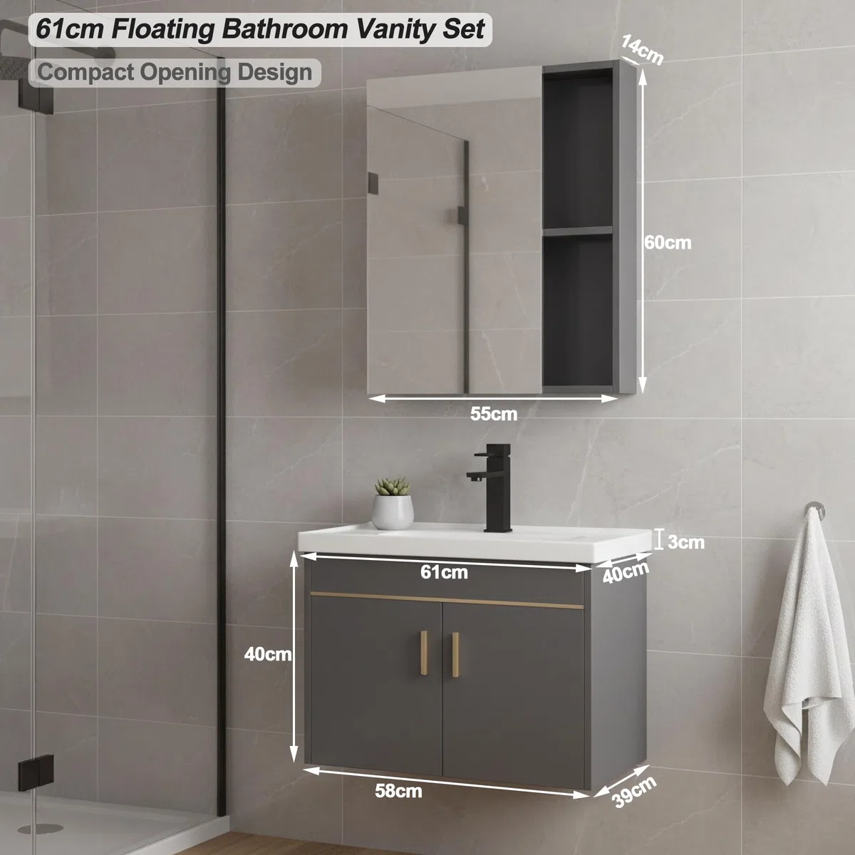 Set di mobili da bagno 60cm con lavabo e armadietto a specchio, mobiletto sottolavabo a parete in legno di pino, lavabo in ceramica con rubinetto e scarico, set di mobili da bagno per bagno (grigio