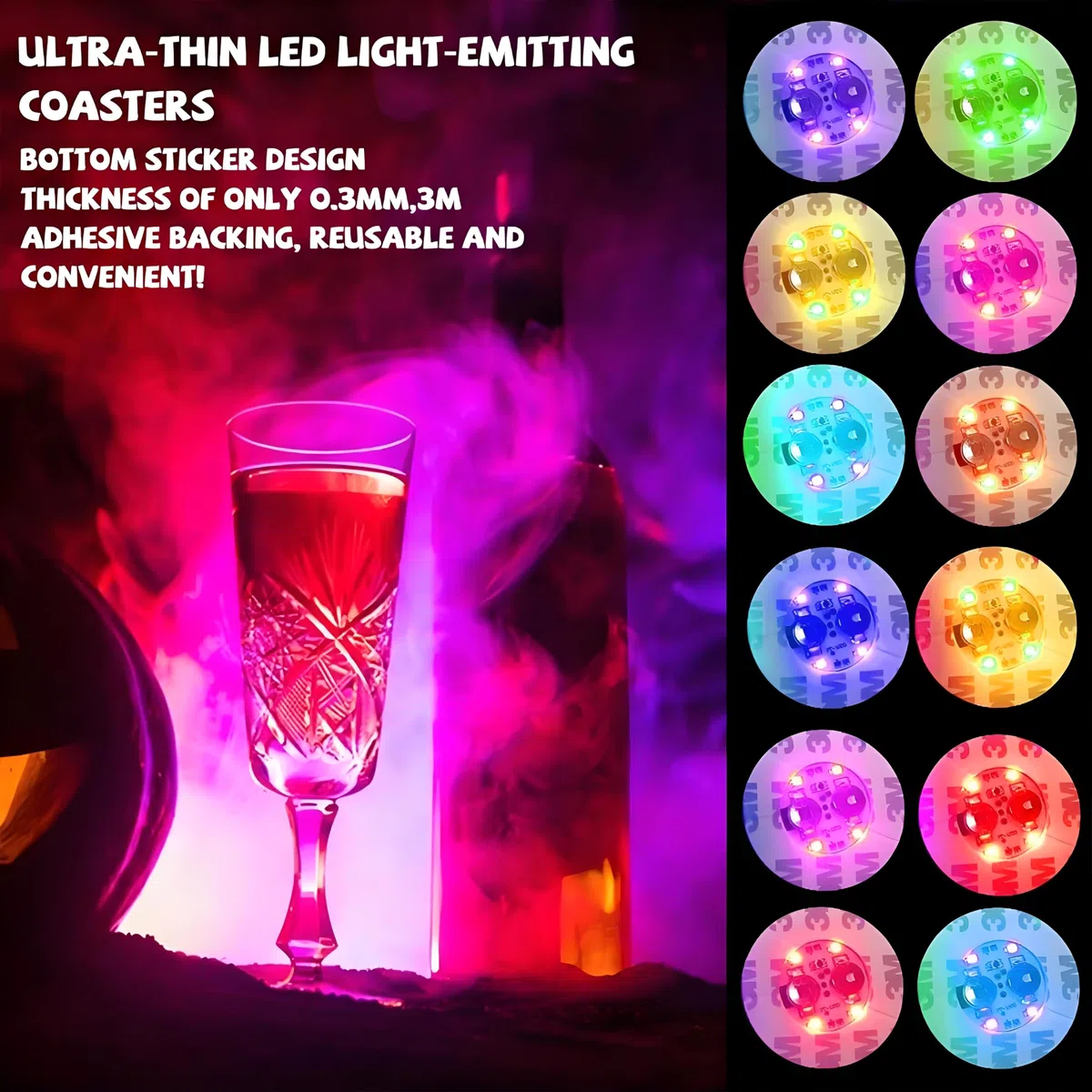 Begonia 12 sottobicchieri a LED, 8 modalità di luce, sottobicchieri a LED colorati, sottobicchieri luminosi adesivi, luci d'atmosfera, 6 cm, per feste, bar, matrimoni, Natale