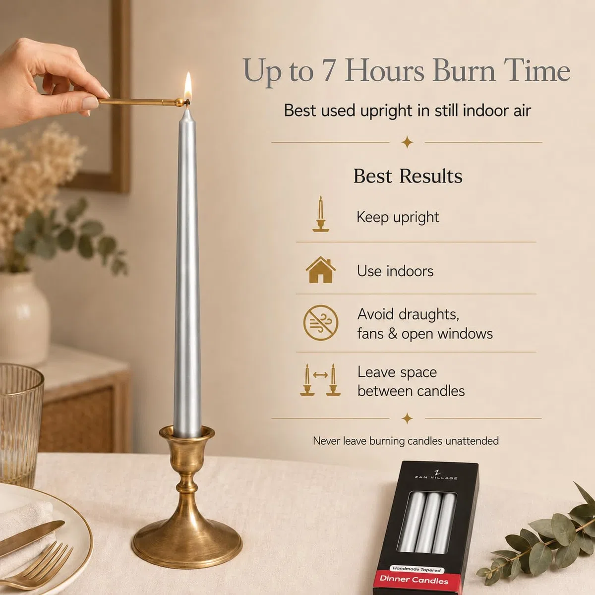 Zan Village Candle Company,Candele coniche per cena, confezione da 10, durata di 7 ore, durata di combustione, stile classico lungo veneziano, senza profumo, prodotte nel Regno Unito, colore: Argento