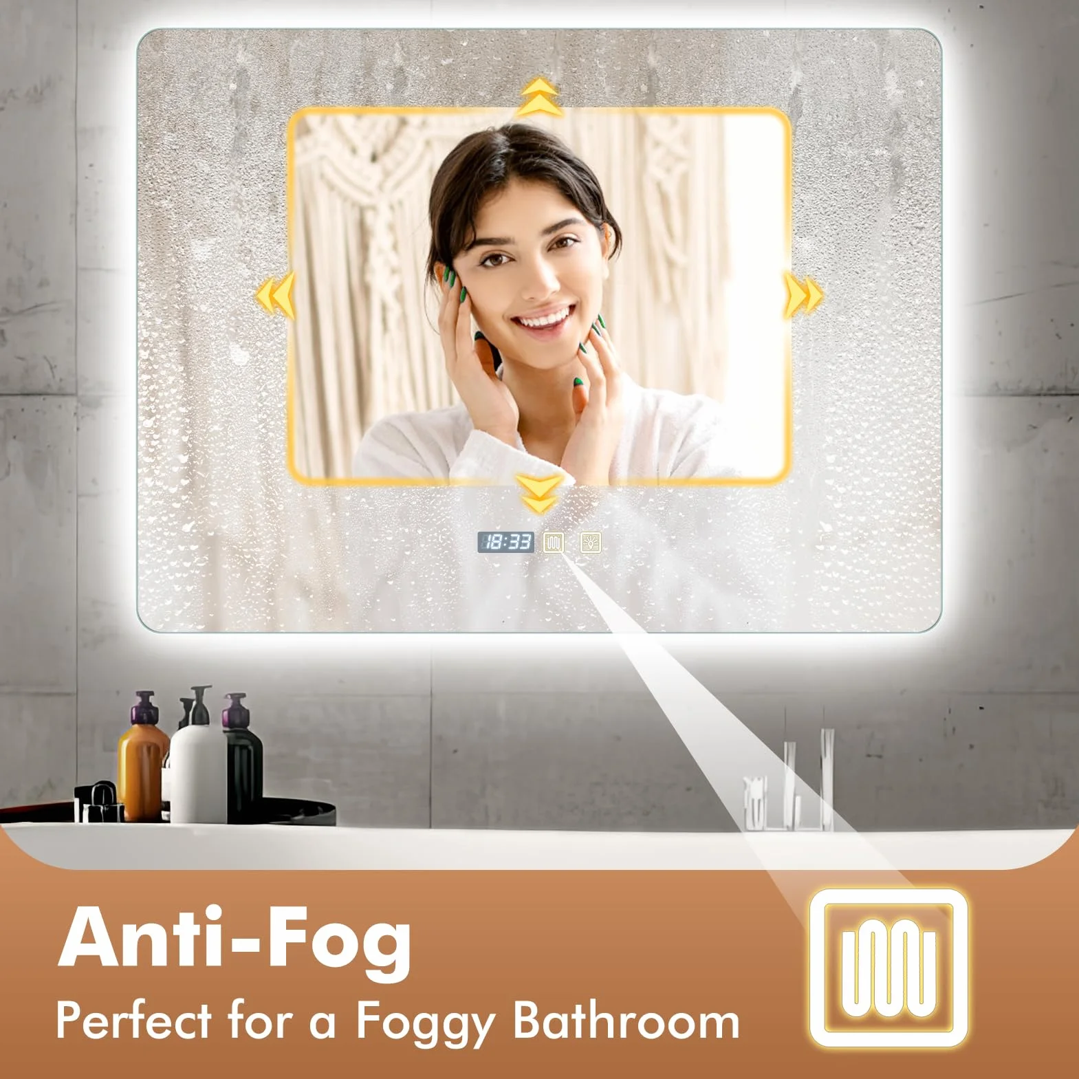 Viugreum Specchio da bagno a LED con illuminazione, 80 x 60 cm, anti-appannamento, specchio da parete, specchio da bagno, 3 colori di luce, specchio regolabile con illuminazione, interruttore touch