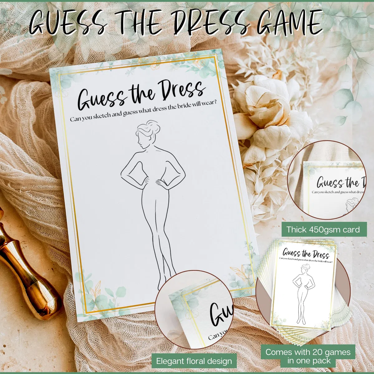 Templatables Guess the Dress - Gioco per addio al nubilato, confezione da 20, elegante design floreale, formato A6 (10,5 x 14,8 cm), carta premium da 450 g/m², divertente attività per addio al