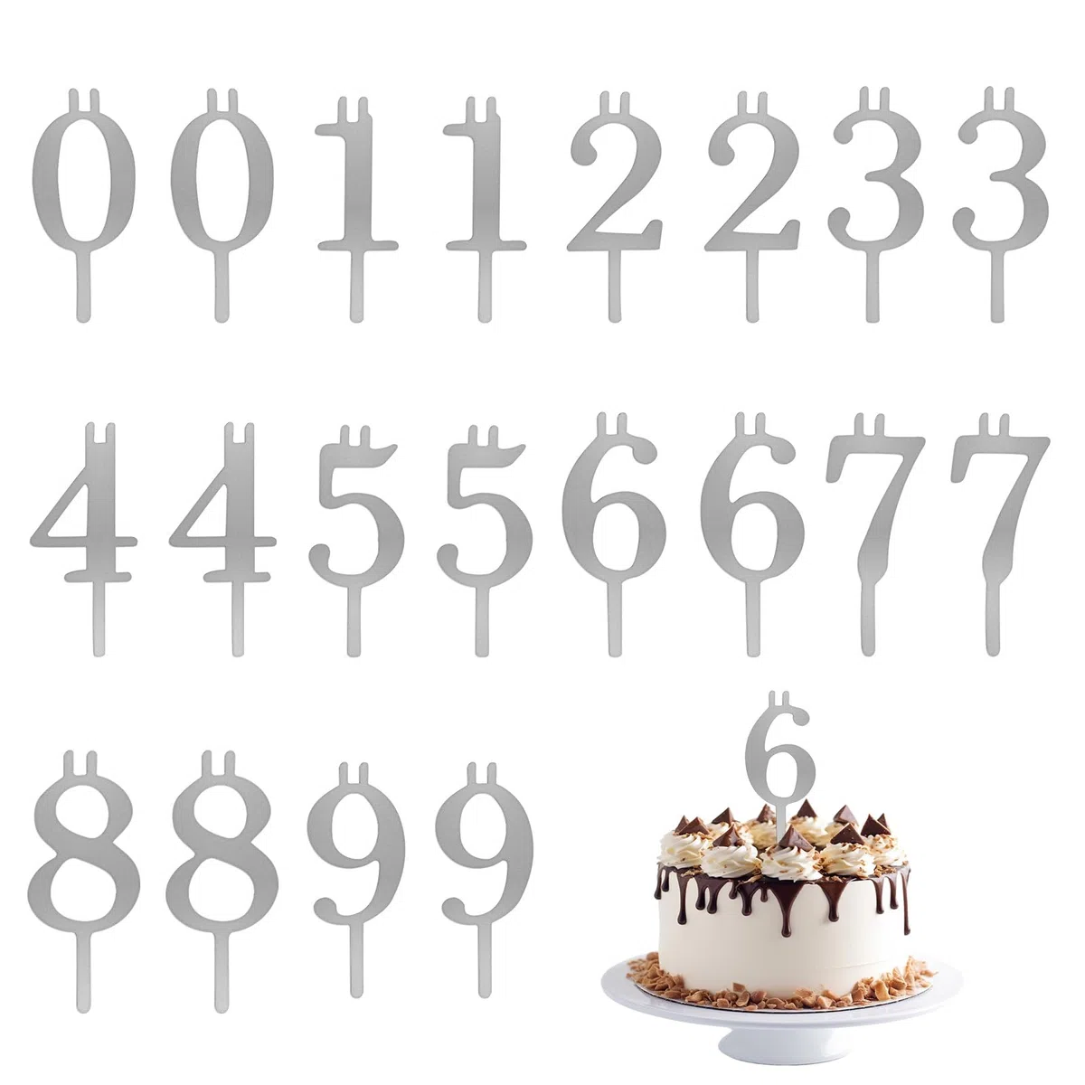 20pz Riutilizzabile Numero Candela Porta Set, Metallo Compleanno Torta Cime Portante con Numeri 0-9 per Anniversario Matrimonio Festa Decorazione Forniture Accessori (Argento-Tono)