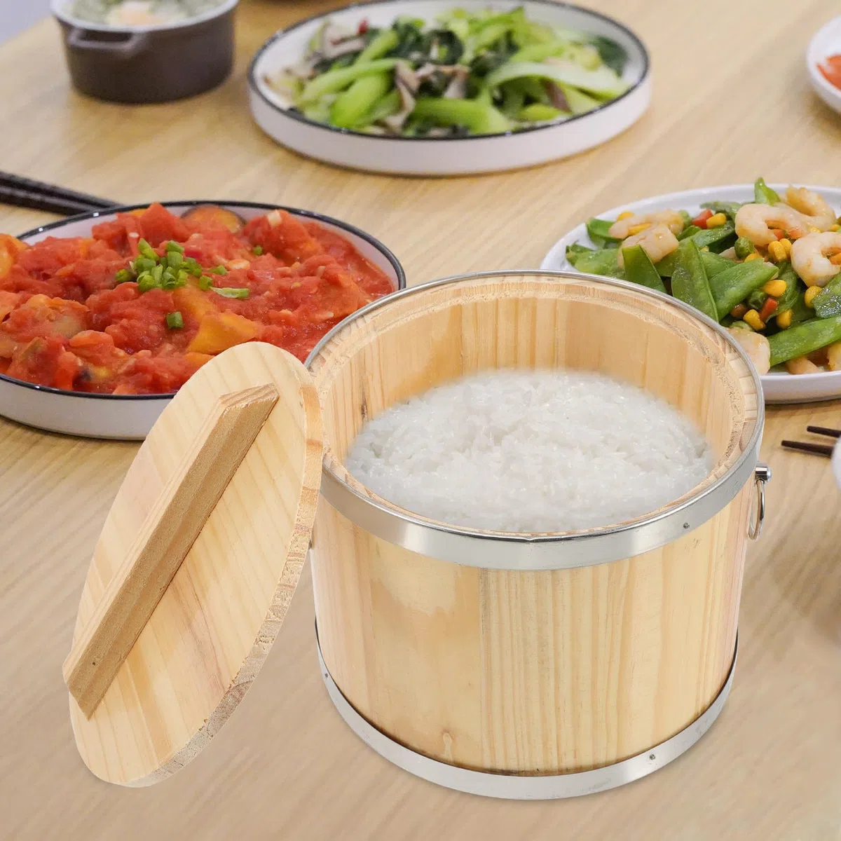 Contenitore in Legno Coperchio per Riso Cotto Sushi, Secchio Rotondo Multifunzione la Conservazione Alimenti, Accessorio Cucina per Famiglie e Ristoranti