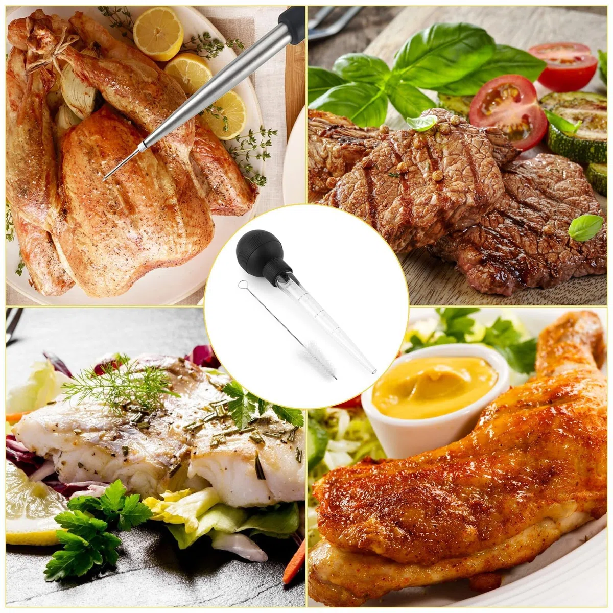 2 pezzi Baster di tacchino, Baster per tacchino, grande, per cucinare, contagocce di olio di tacchino con spazzola, iniettore di tacchino lungo per ungere e marinare tacchino manzo maiale pesce (nero)