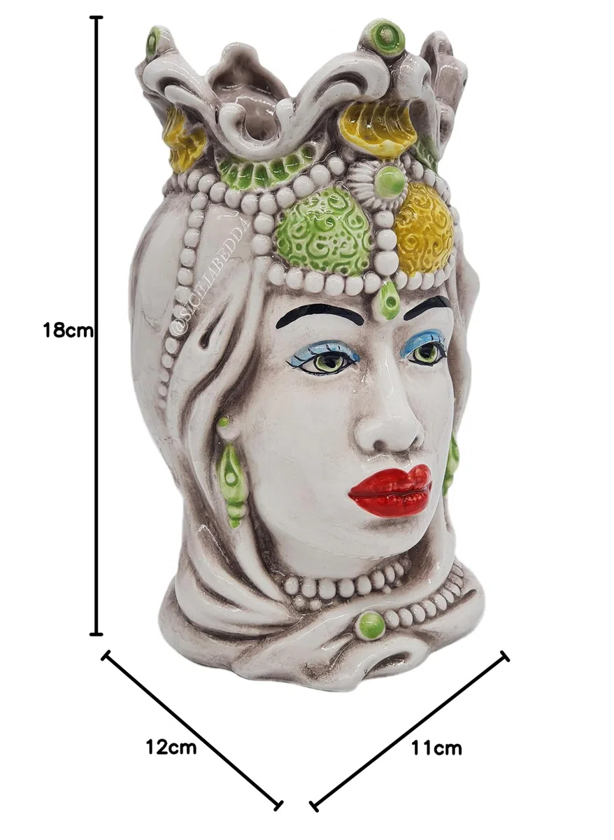sicilia bedda - Teste di Moro Siciliane in Ceramica di Caltagirone - Realizzato Interamente a Mano - Altezza 18 Centimetri (Testa di Moro Donna Verde)