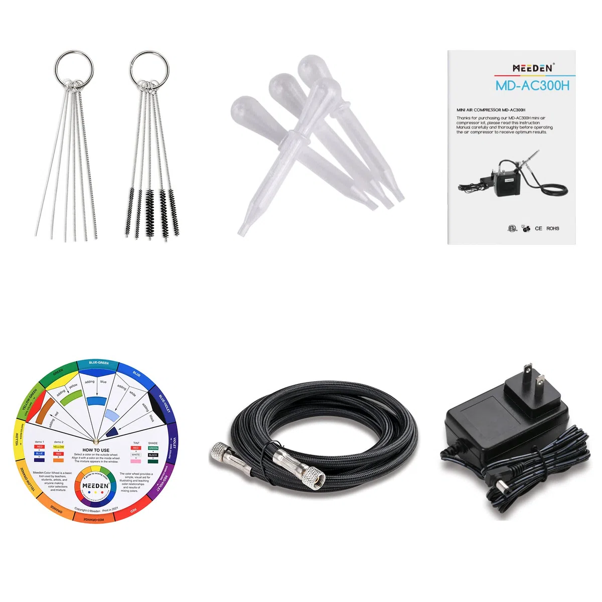 MEEDEN Kit aerografo con mini compressore d'aria portatile, pistola aerografo a doppia azione con alimentazione a gravità, kit di pulizia a 12 colori aerografo per la pittura di modelli - Nero
