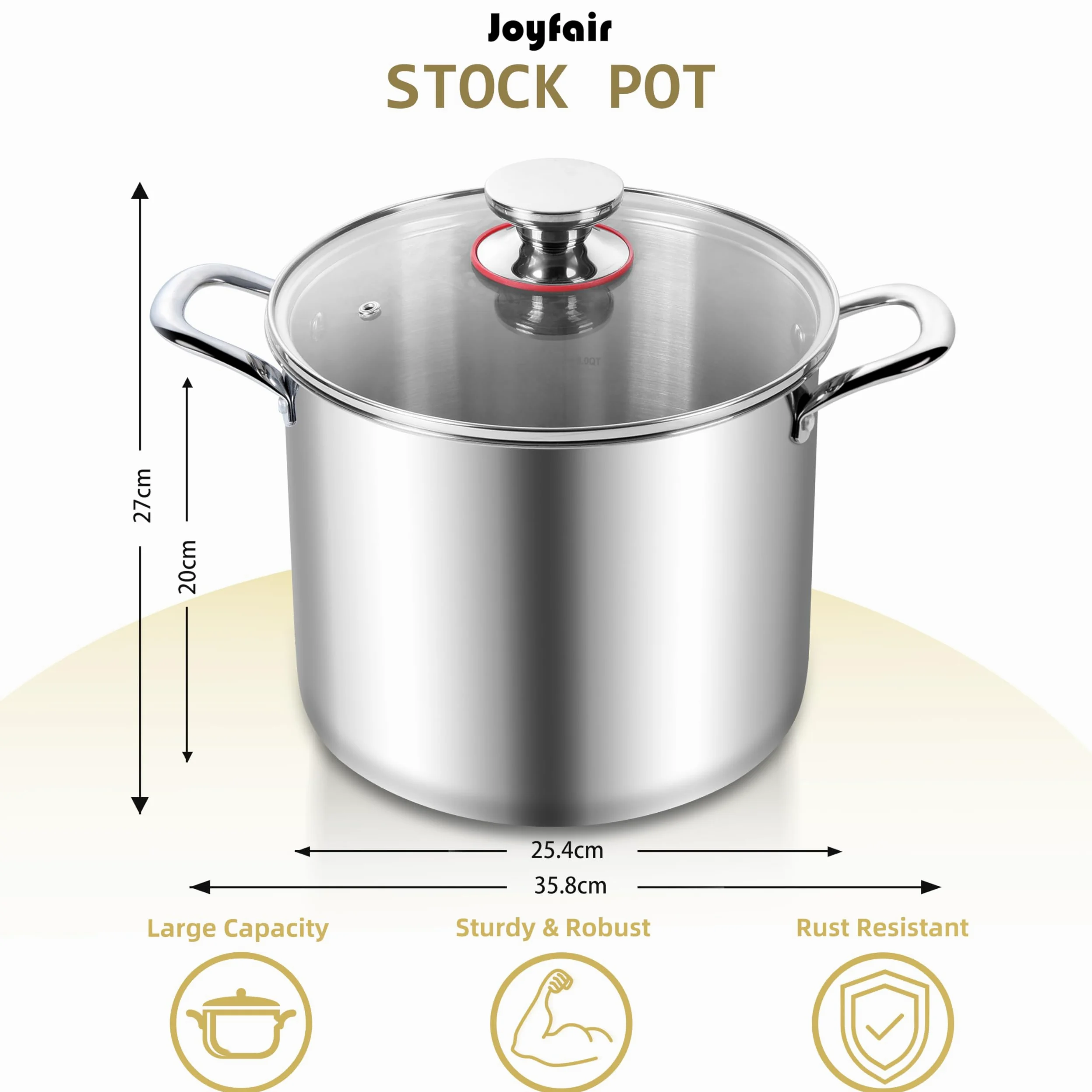 Joyfair Pentola grande da 10 l, in acciaio inox a tre strati, con coperchio in vetro, per induzione/gas/ceramica/elettrica/alogena, pentola per zuppa sicura per cuocere a fuoco lento, manici