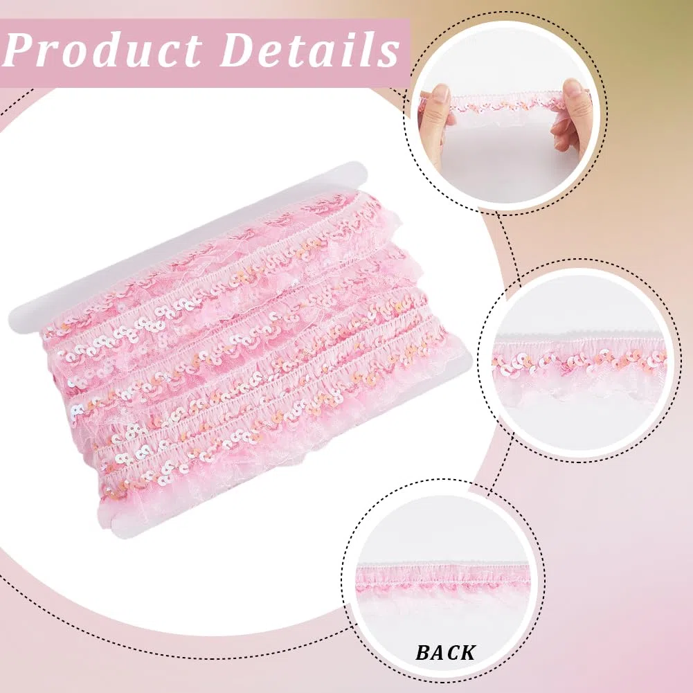 GORGECRAFT 11 m di Pizzo in Chiffon Plissettato Rosa con Paillettes, Elastico, in Organza, Nastro da 3cm, con Balze Arricciate, Elastico, per Cucire, Confezioni Regalo, Artigianato in Stoffa