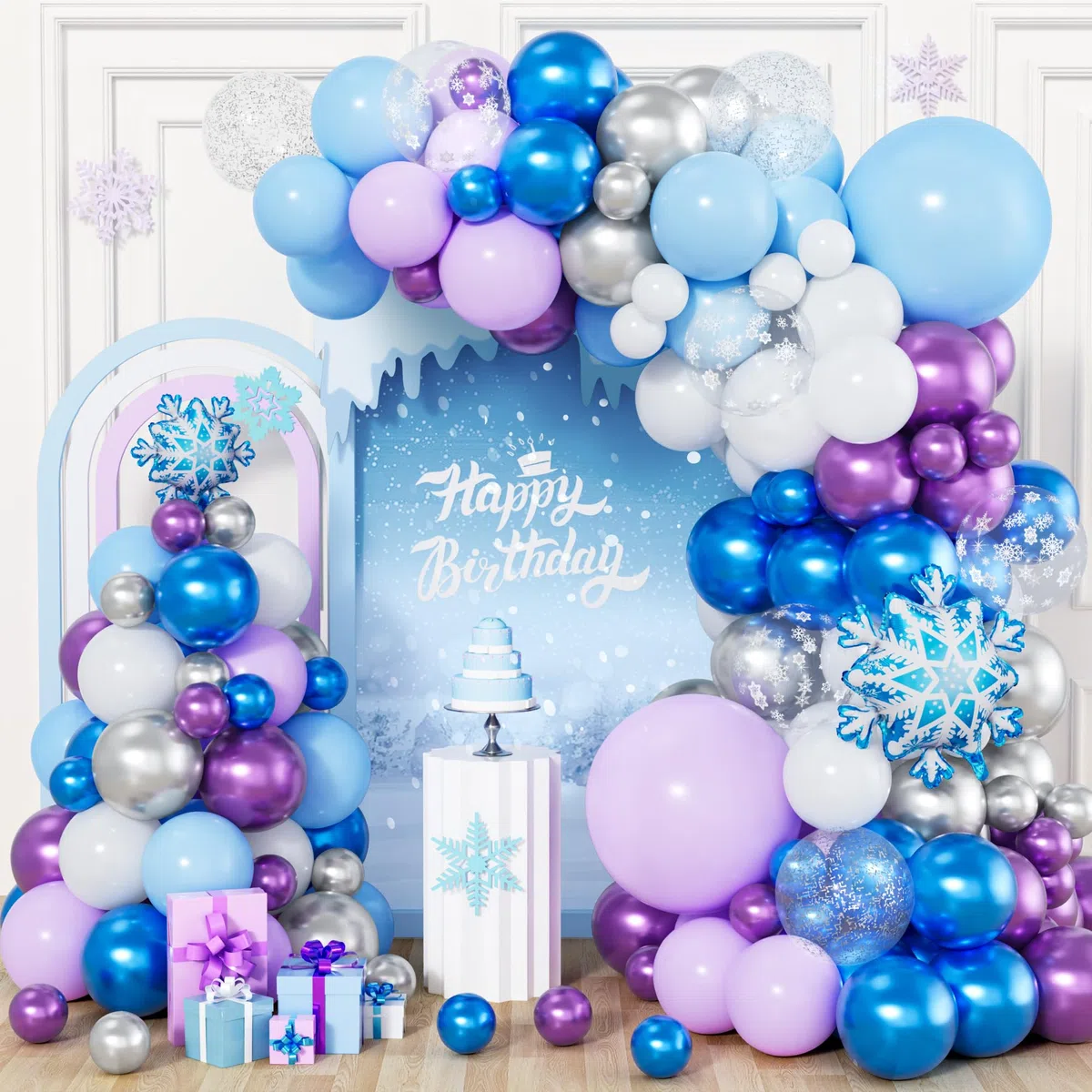 Palloncini Frozen, 120 Pezzi Palloncini Blu Viola Bianco, con Stampa Fiocchi di Neve, realizzati in lattice, per Compleanno Feste Principessa Frozen Baby Shower Anniversario Natale Decorazione