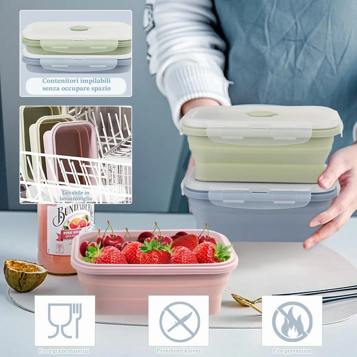 Pranzo del Silicone Contenitori Pieghevoli 3 Pezzi 550ML Pieghevole Lunch Bento Box per Lavastoviglie Congelatore Forno a Microonde