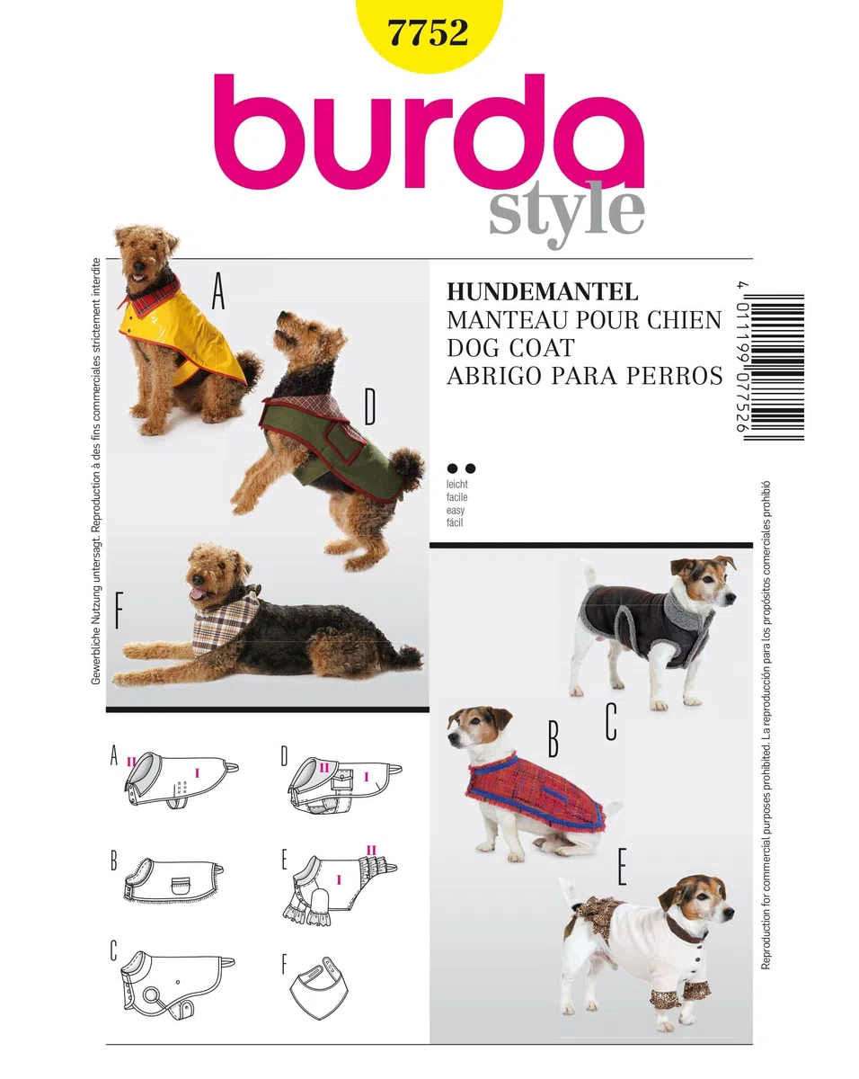 Burda B7752 - Cartamodello per cappottino per cane, dimensioni: 19 x 13 cm