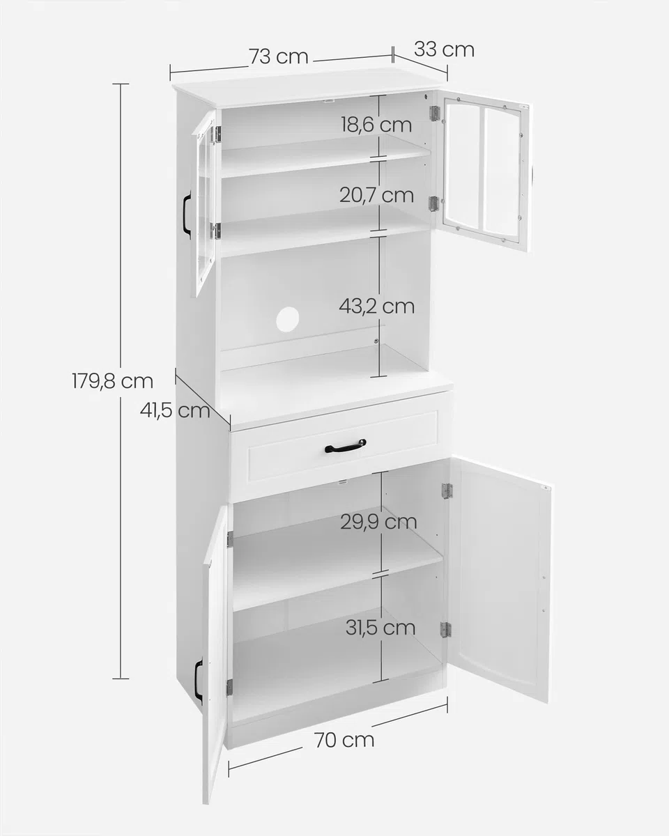 VASAGLE Credenza Alta Cucina, Dispensa Mobile da Cucina con Ante in Vetro e Ripiani Regolabili, Cassetto, Foro per Cavi, per Microonde, Stile Moderno, Bianco LSC361W21