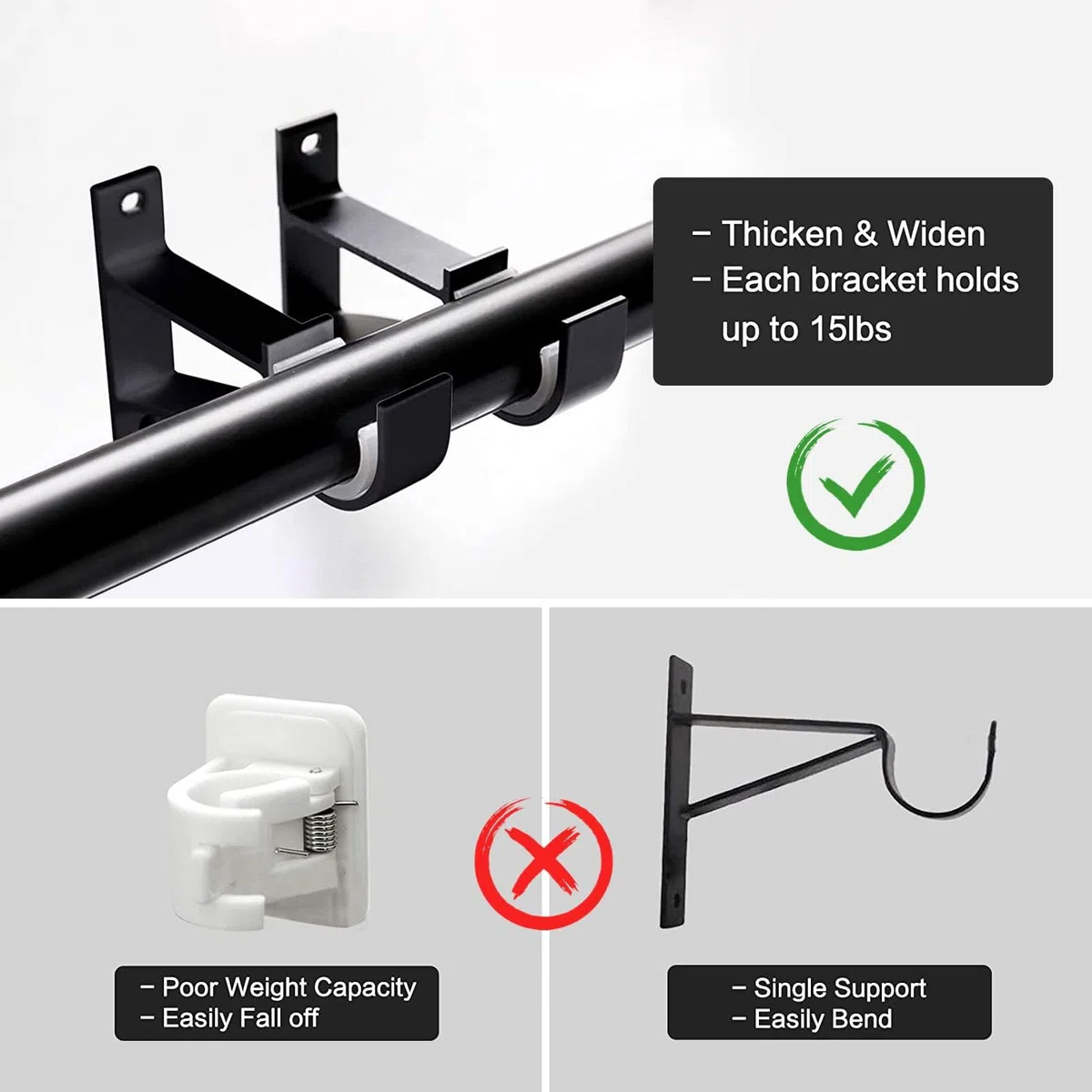 Staffe per aste per tende, 2,5 cm, colore nero, resistenti, in metallo, per aste per tende da parete, supporto per aste per tende da 25-30 mm, set da 4