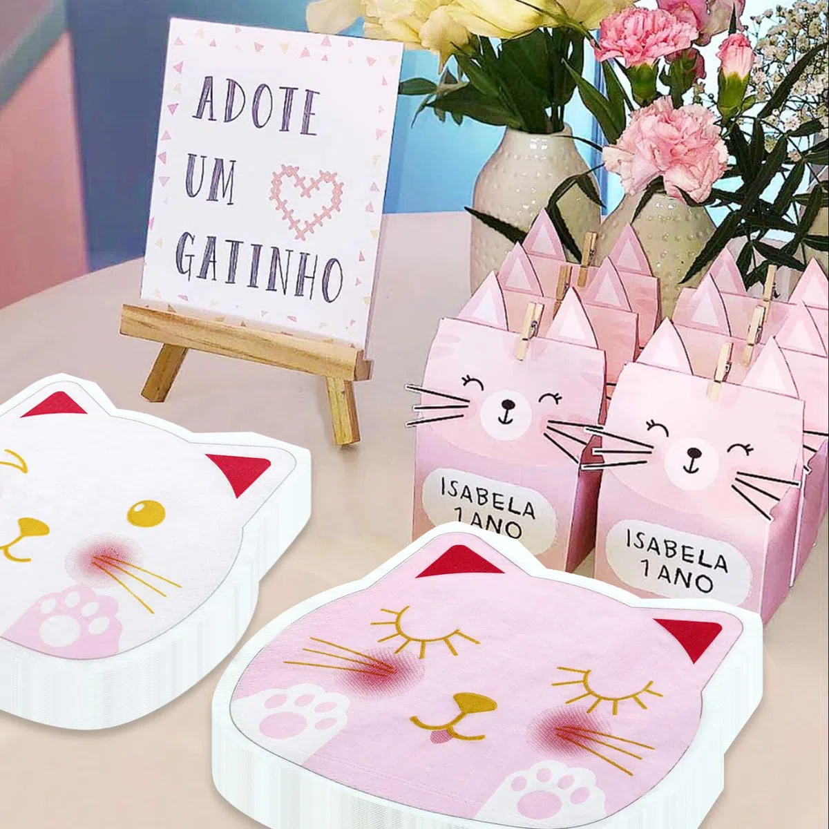 100 tovaglioli a forma di gatto, 25 x 29 cm, tovaglioli di carta con stampa a zampa bianca e rosa, decorazioni di compleanno per bambini, animali domestici, feste di compleanno