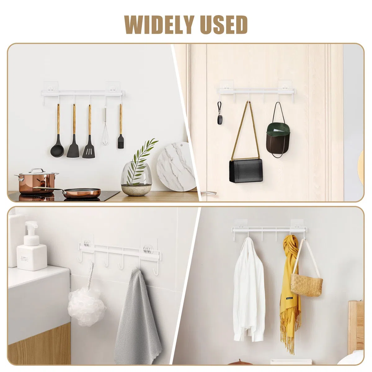 Jeowoqao Ganci per utensili da cucina con 6 ganci salvaspazio da parete, senza fori, ganci adesivi da parete, per cucina, bagno, camera da letto, confezione da 2 (bianco)