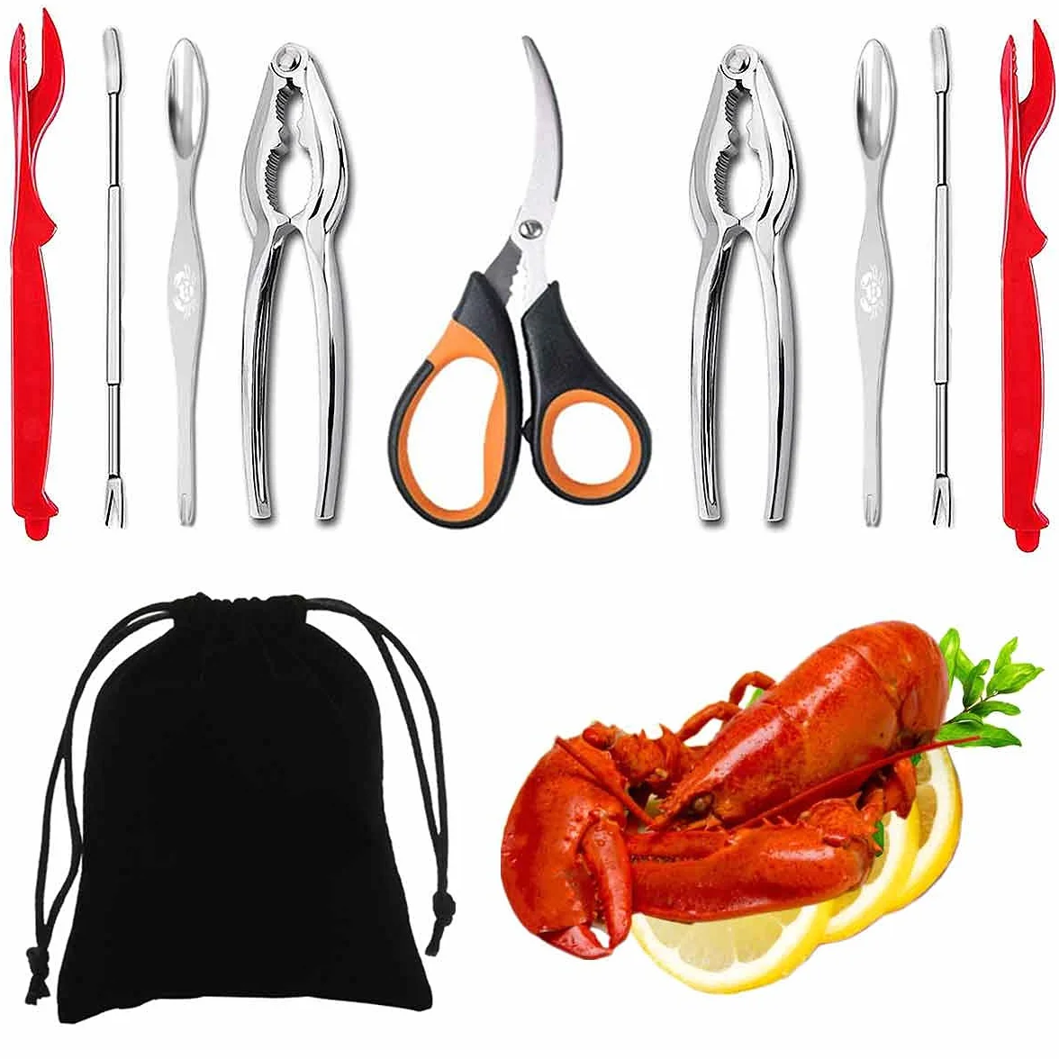 Artcome Set di strumenti per frutti di mare: 2 cracker per granchi, 2 sgusciatori per aragosta, 2 forchette per frutti di mare, 2 forchette larghe per granchi, 1 forbici per frutti di mare e 1
