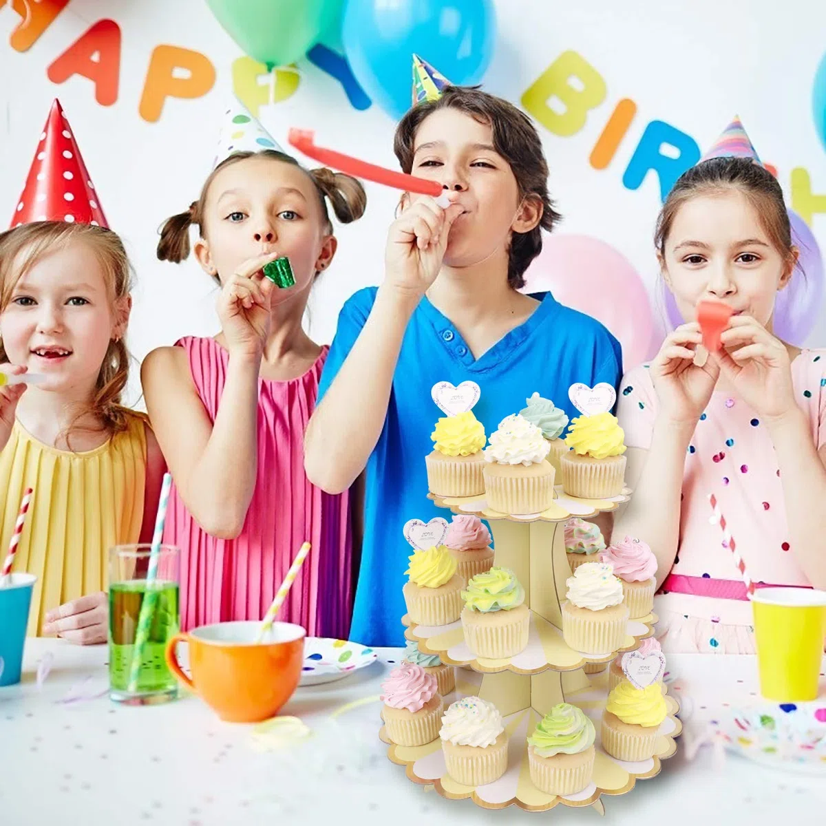 Espositore per cupcake a 3 livelli, in cartone, supporto per torta per bambini e feste di compleanno a tema