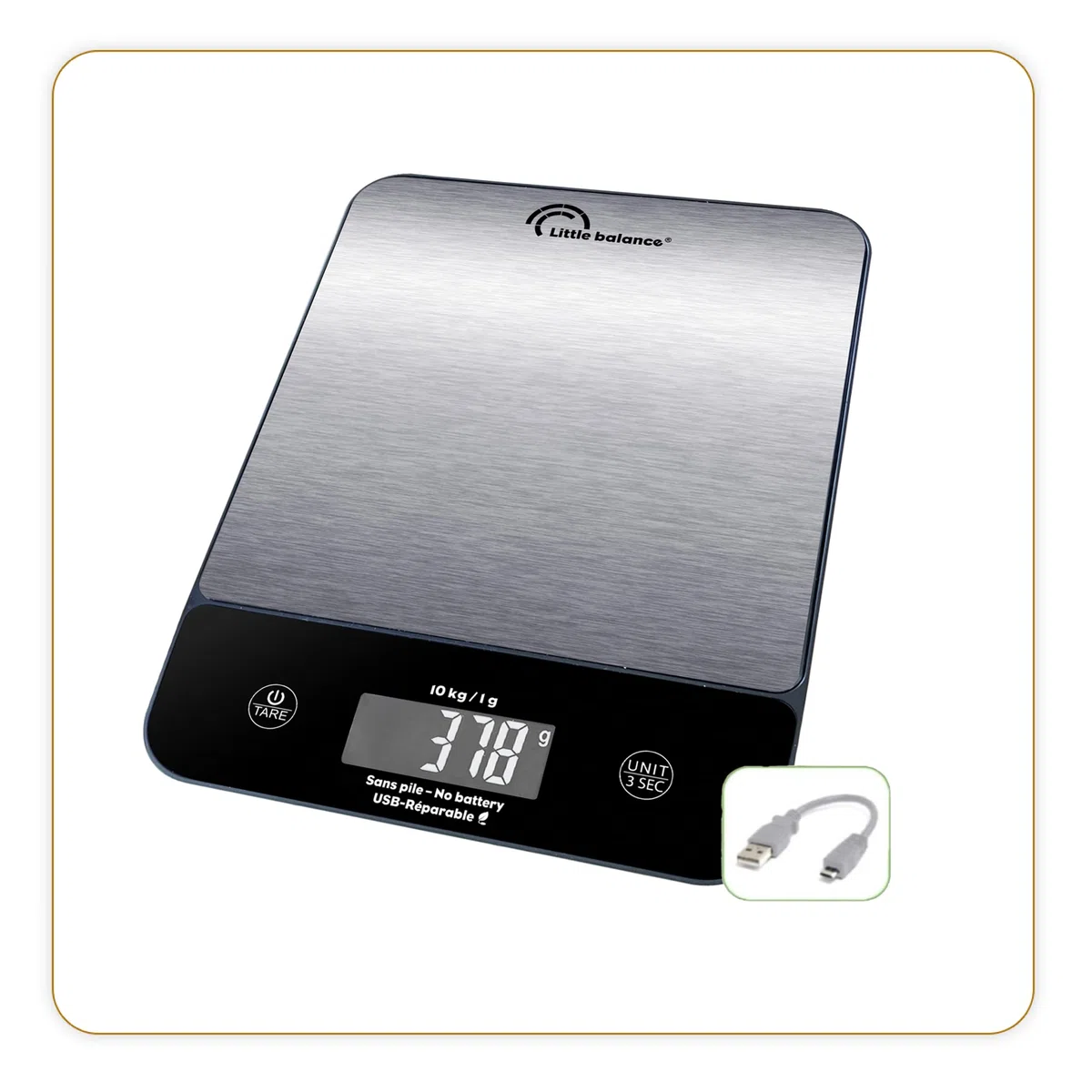 LITTLE BALANCE 8711 Happy Genius 10 Iox, Bilancia da cucina senza batteria, ricaricabile USB, riparabile, 10 kg, acciaio inox