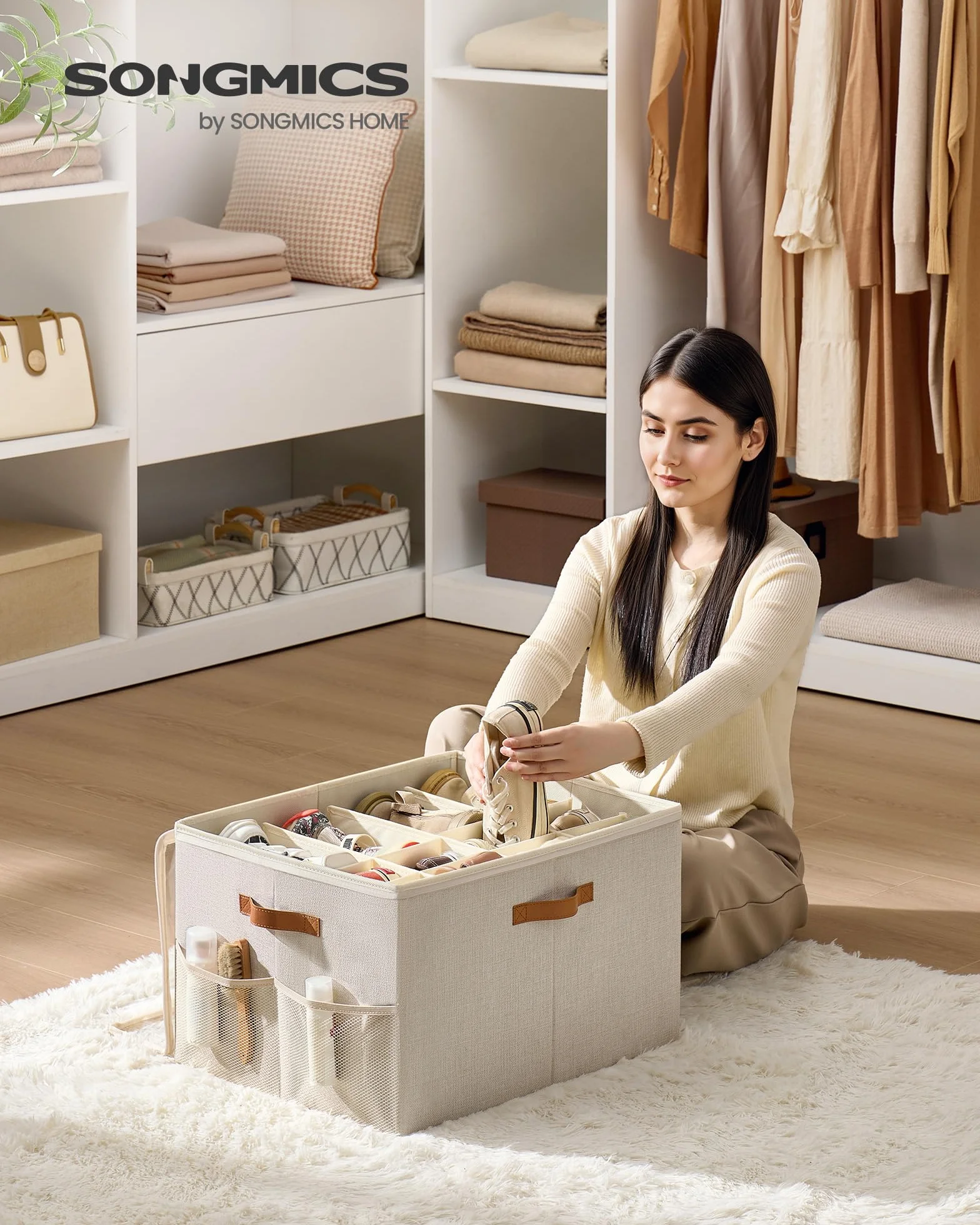 SONGMICS Organizer Scarpe, per 16 Paia, Scatola Contenitore Scarpe, Maniglie, con Coperchio Trasparente, Regolabile, per Armadio, Beige Cappuccino LSP555K01