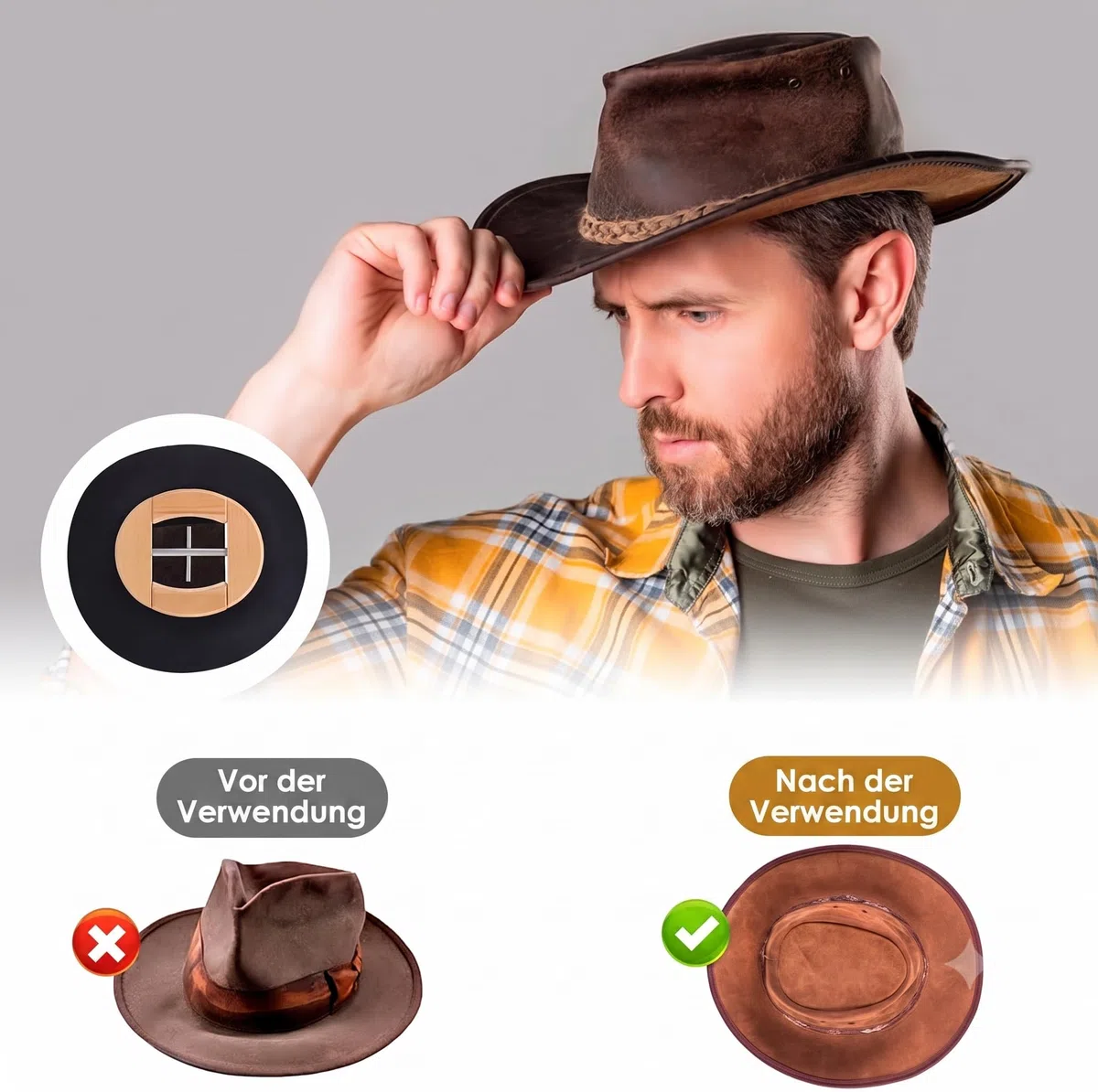 Tenditore per Cappelli a Vie, in Legno Naturale, estensore per Cappelli Fedora, Cappello da Cowboy da Uomo, Cappello da Baseball, Cowboy, la Vite con Il Manico è Facile da Allungare